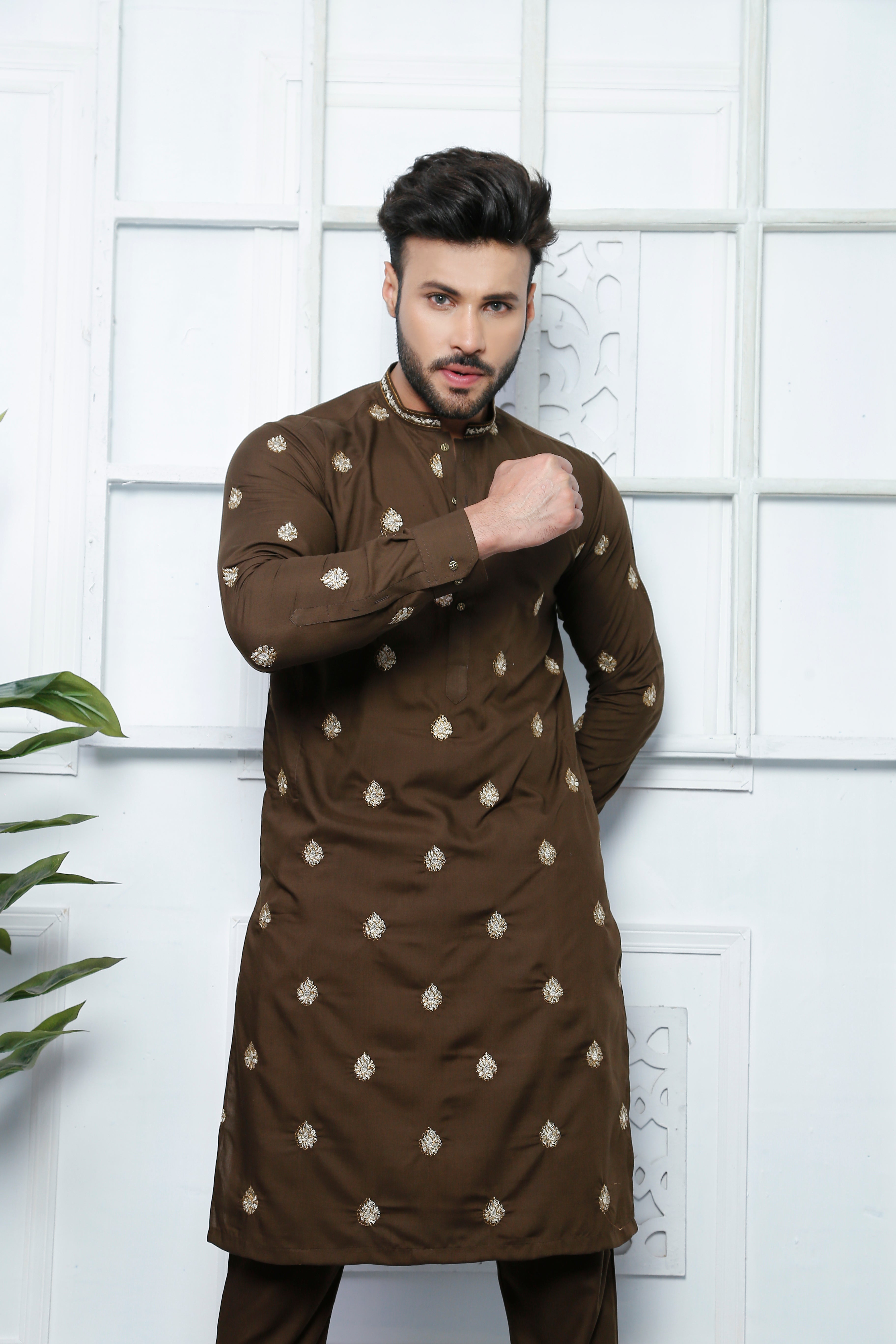 Chocolate Brown Embroidered Cotton-Silk Kurta Pajama (2-Piece) - Image 3
