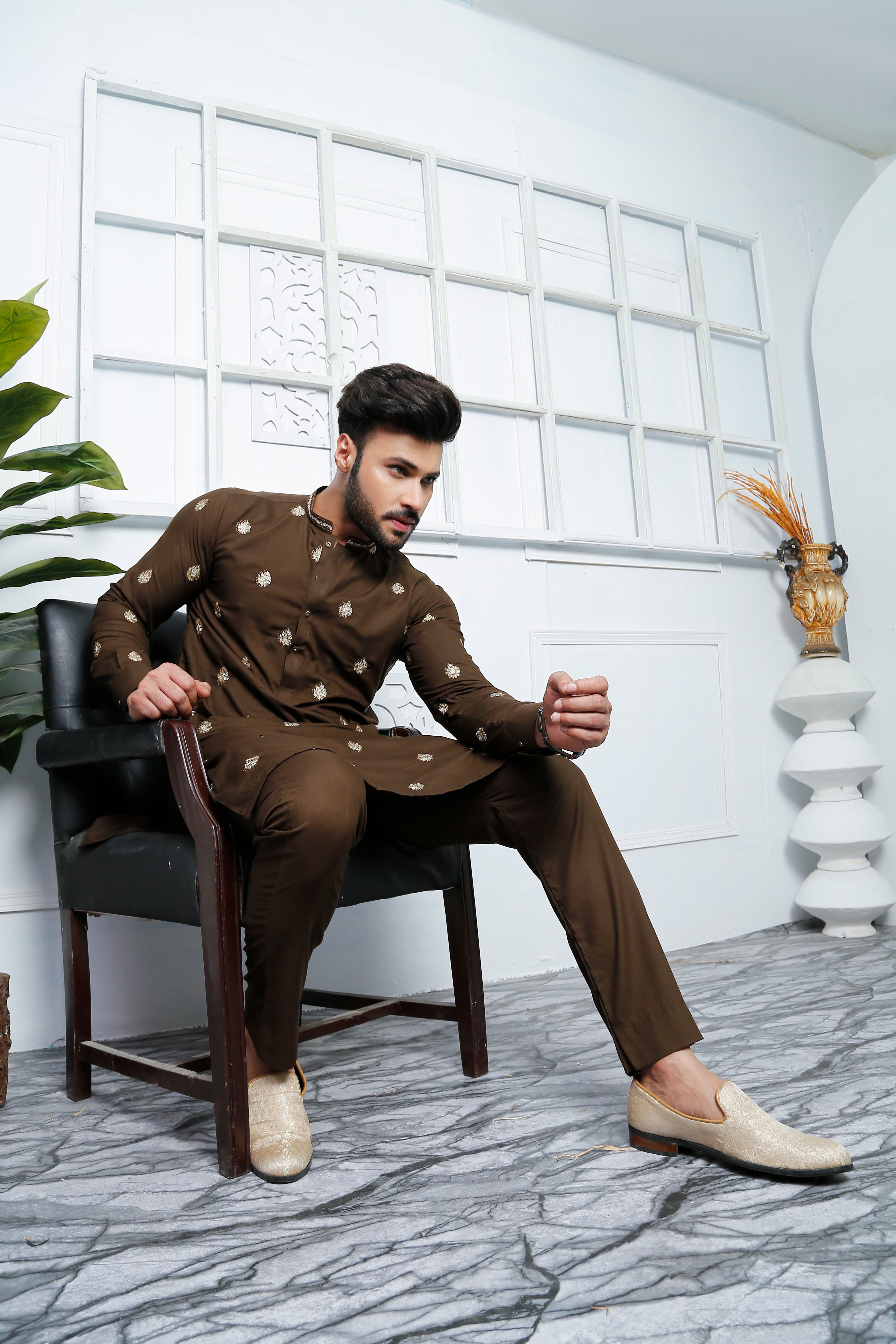 Chocolate Brown Embroidered Cotton-Silk Kurta Pajama (2-Piece) - Image 4