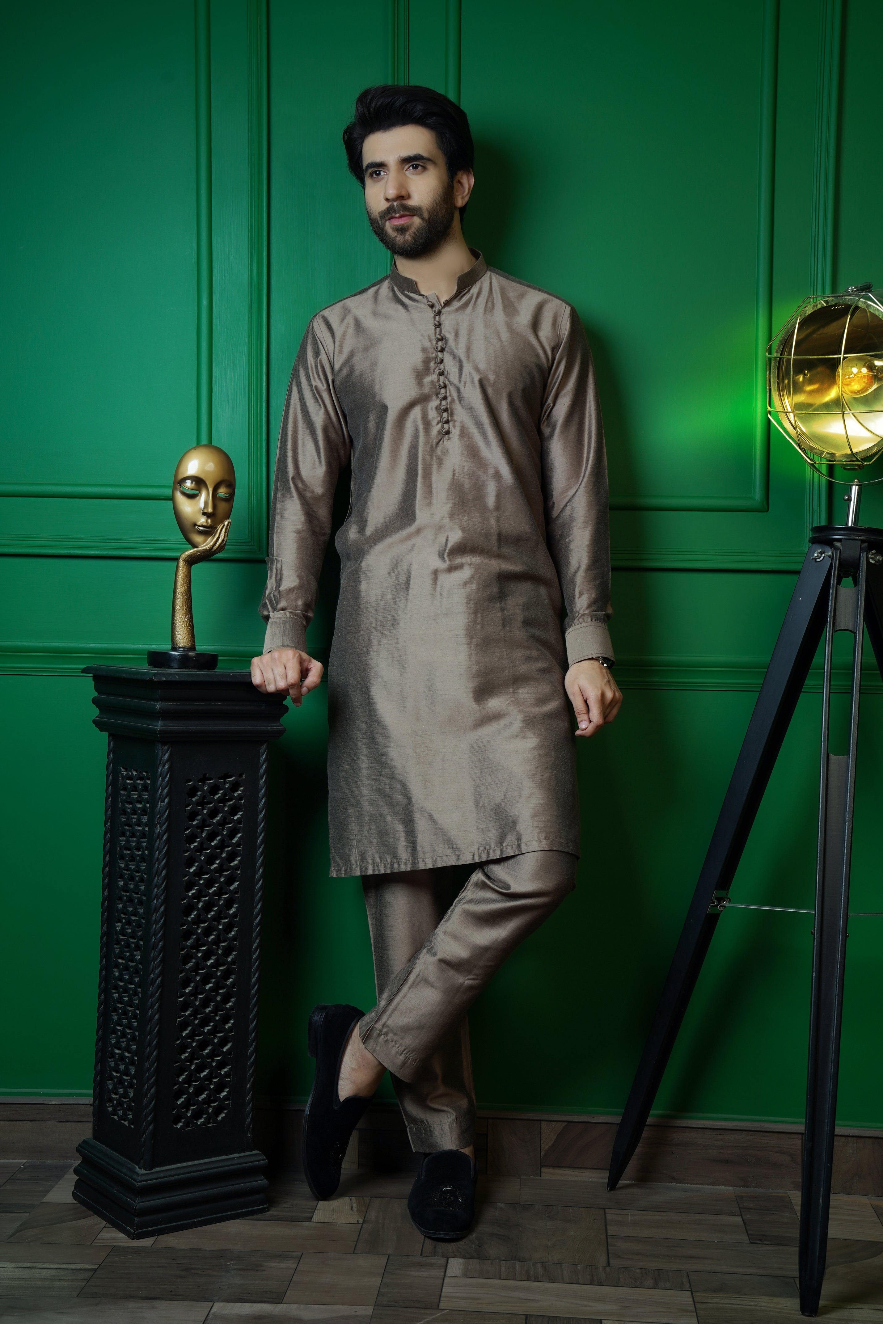 Taupe Cotton Silk Kurta Pajama (2-Piece) - Image 1