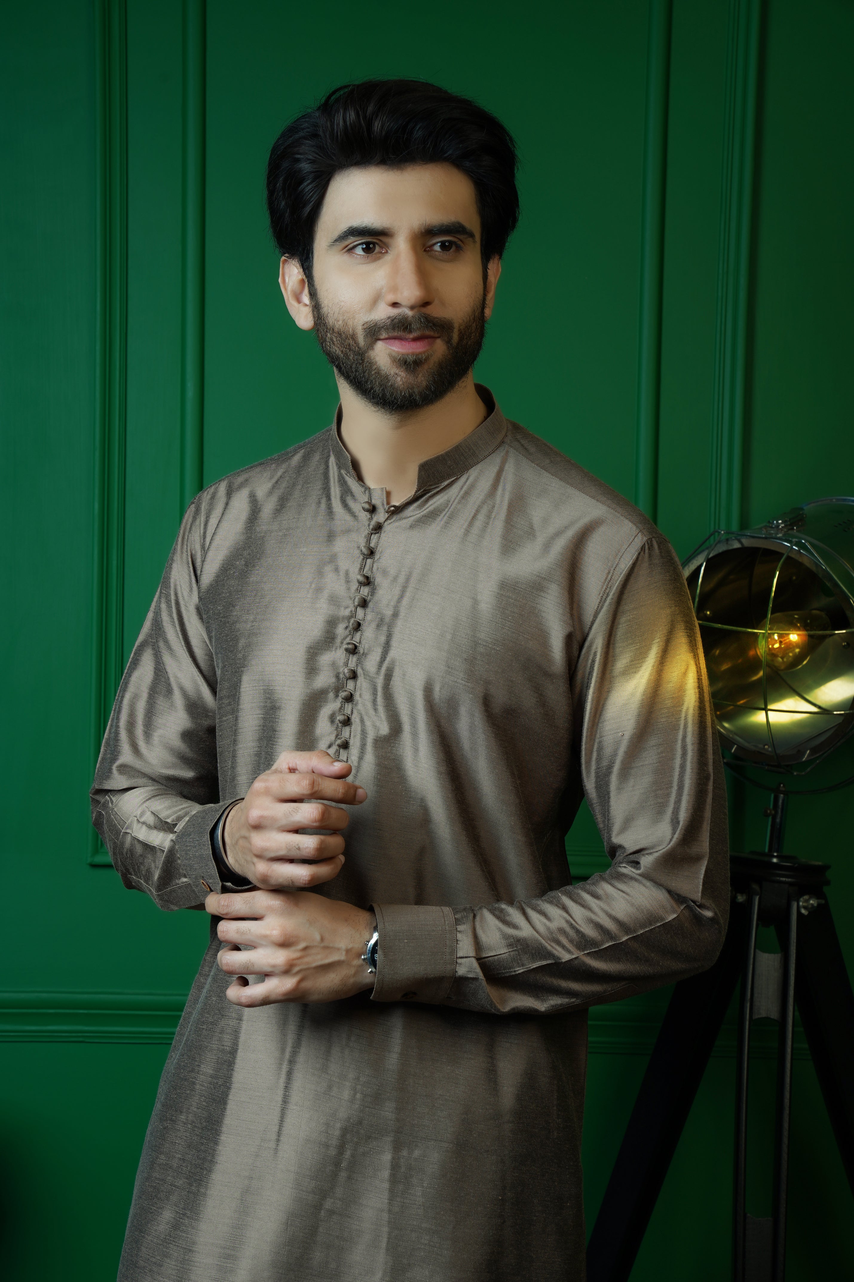 Taupe Cotton Silk Kurta Pajama (2-Piece) - Image 2