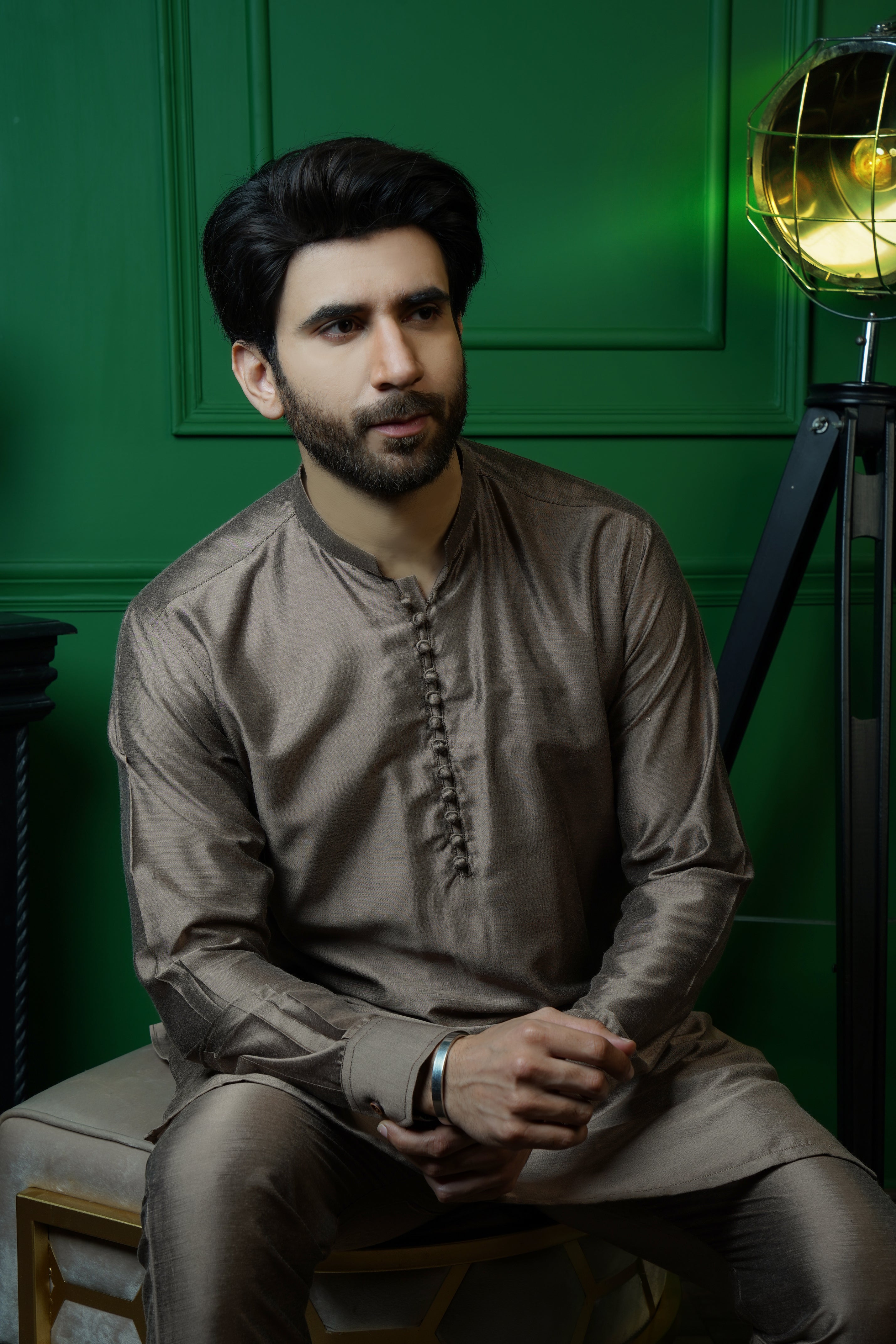 Taupe Cotton Silk Kurta Pajama (2-Piece) - Image 3