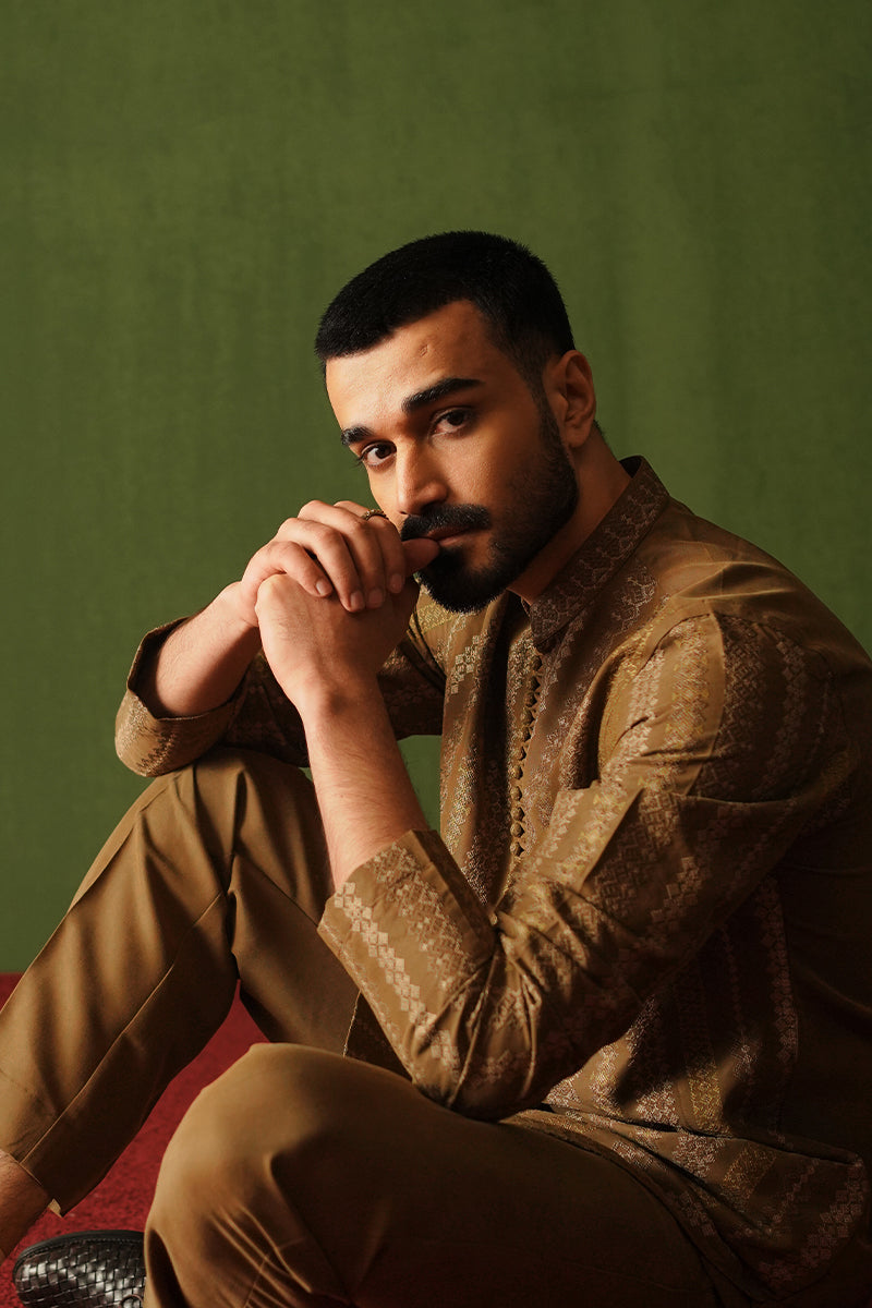 Cedar Brown Cross-Stitch Cotton Slub Kurta Pajama (2-Piece) - Image 2