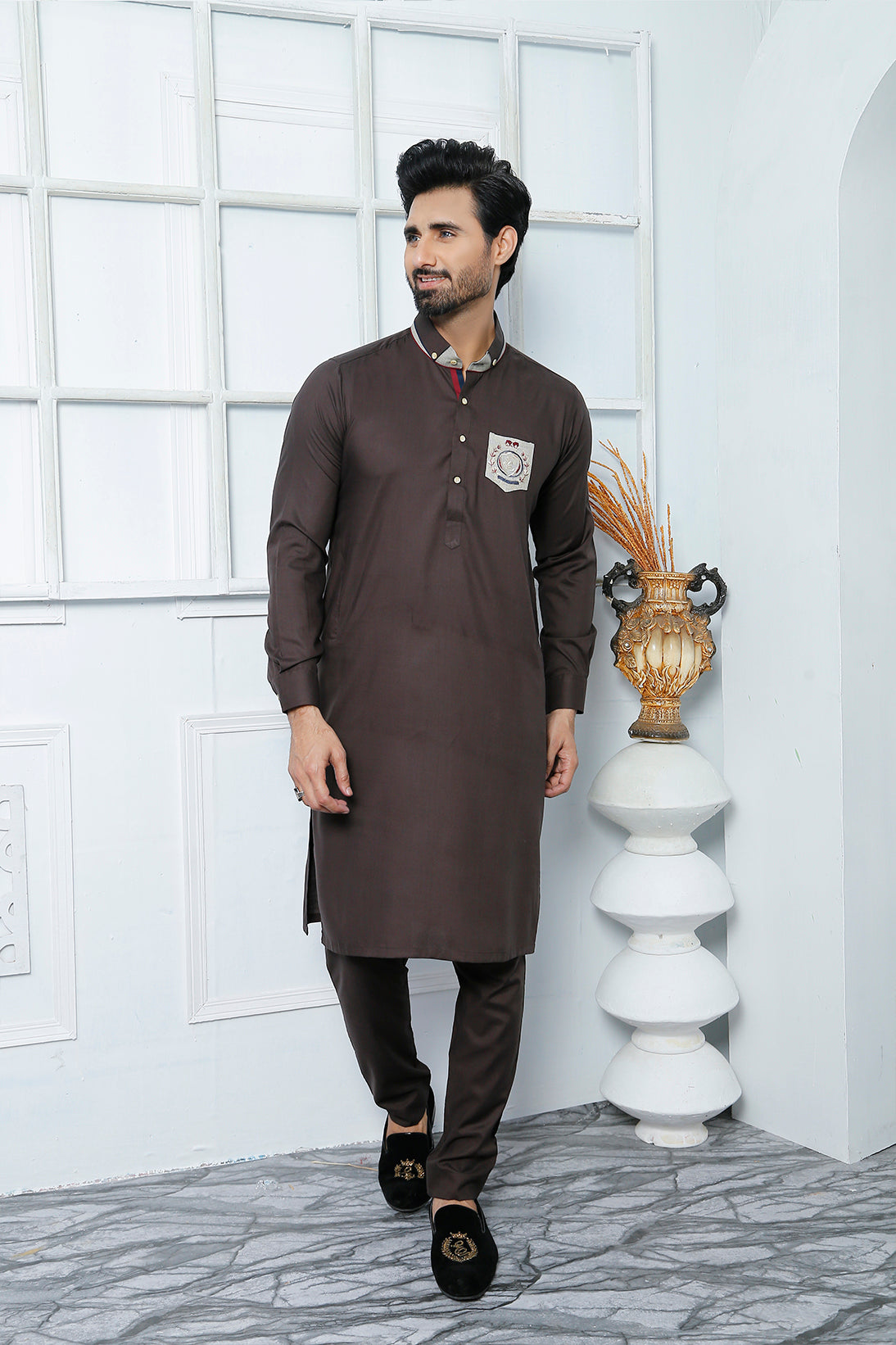 Brown Embroidered Cotton Kurta Pajama (2-Piece) - Image 1