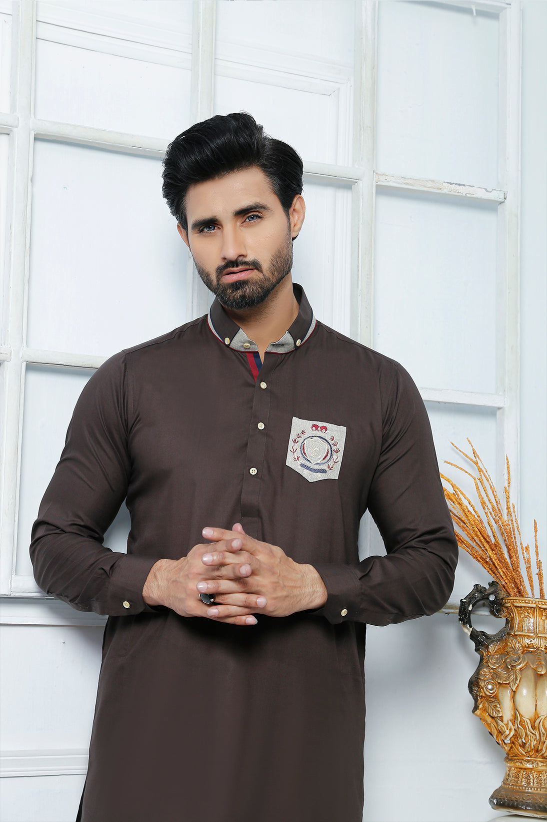 Brown Embroidered Cotton Kurta Pajama (2-Piece) - Image 2