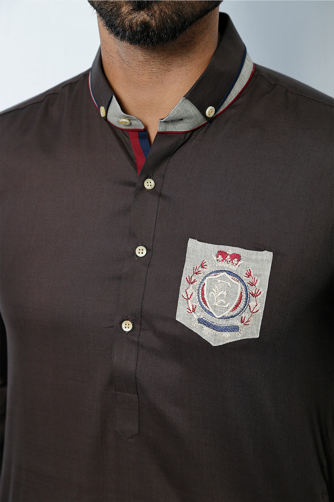 Brown Embroidered Cotton Kurta Pajama (2-Piece) - Image 3