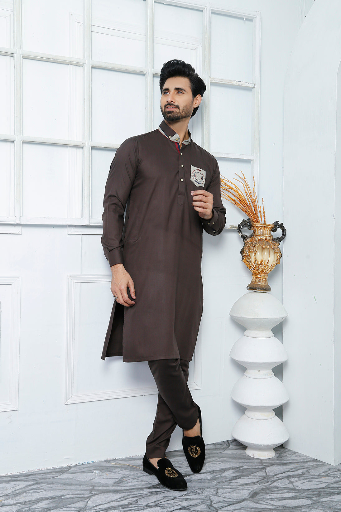 Brown Embroidered Cotton Kurta Pajama (2-Piece) - Image 4