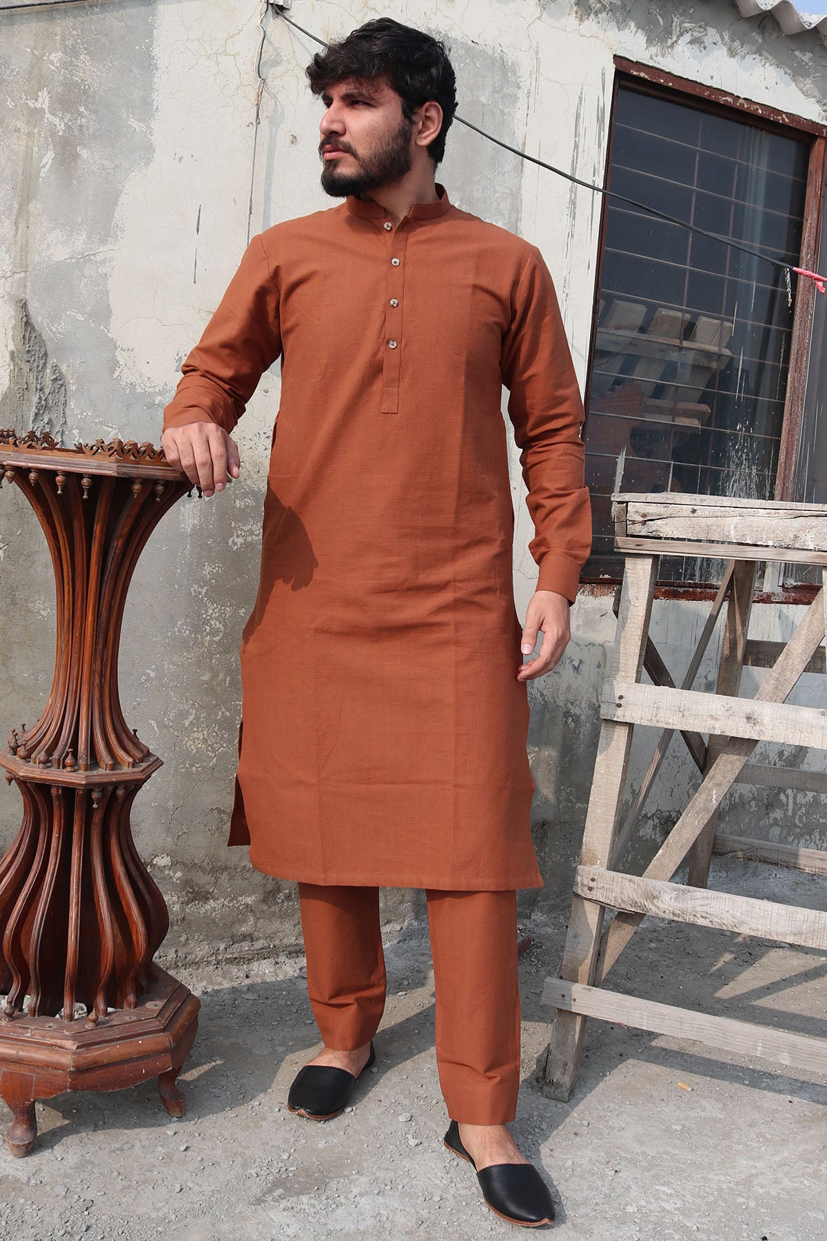 Brown Cotton Kurta Trouser Set (2-Piece) - Image 1