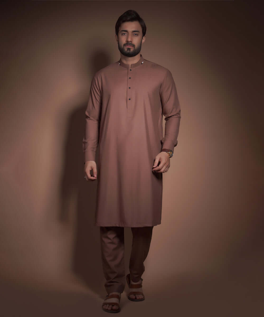 Medium Copper Textured Cotton-Viscose Kurta Pajama (2-Piece) - Image 1