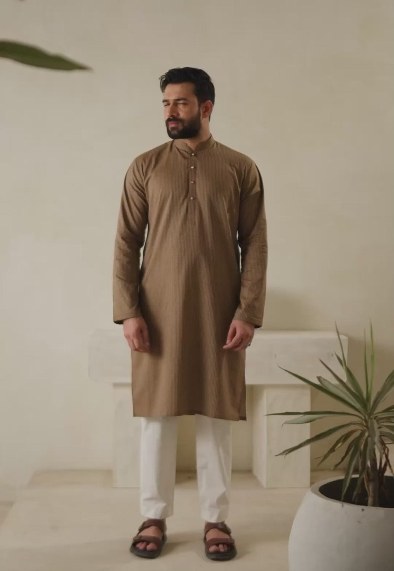 Brown Dobby Fabric Kurta Pajama (2-Piece) - Image 5