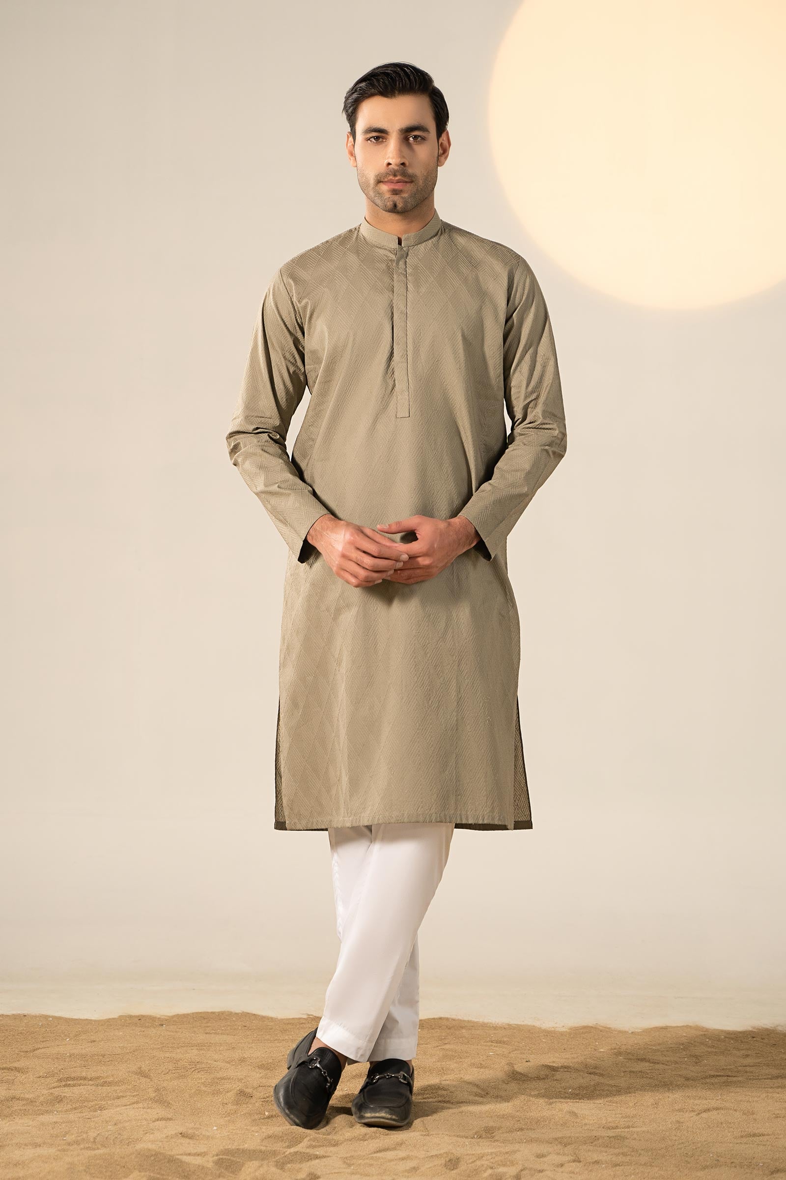 Mid-Brown Embroidered Cotton Kurta (2-Piece) - Image 1