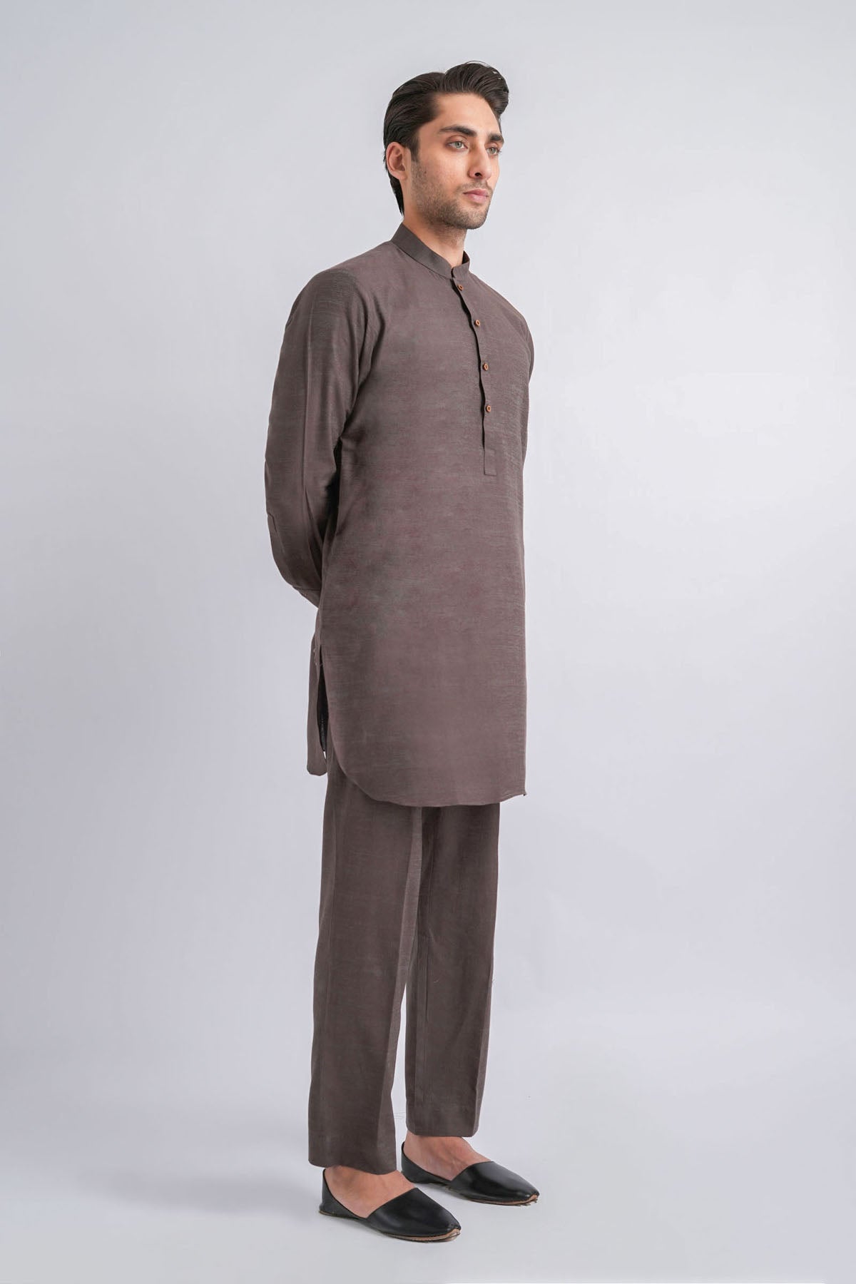 Brown Jacquard Kurta Trouser Set (2-Piece) - Image 1