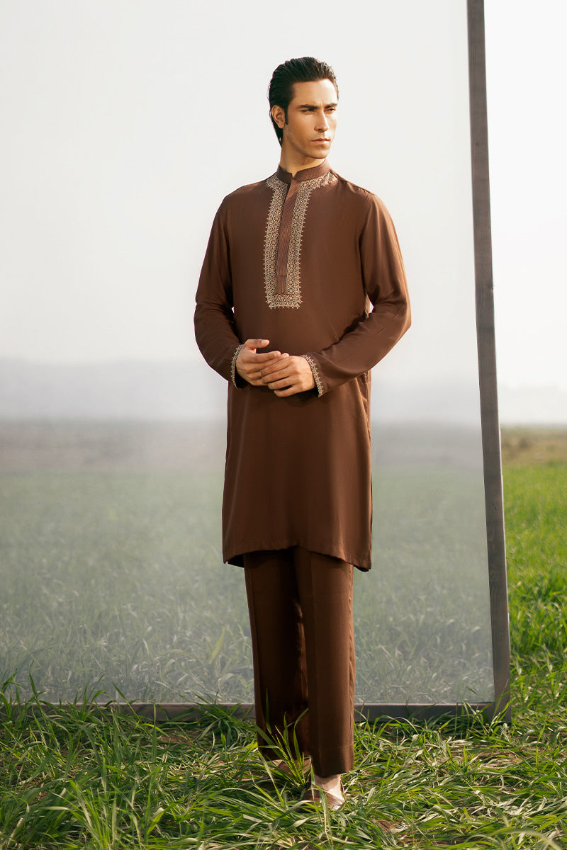 Brown Screen-Printed Linen Kurta Pajama (2-Piece) - Image 1