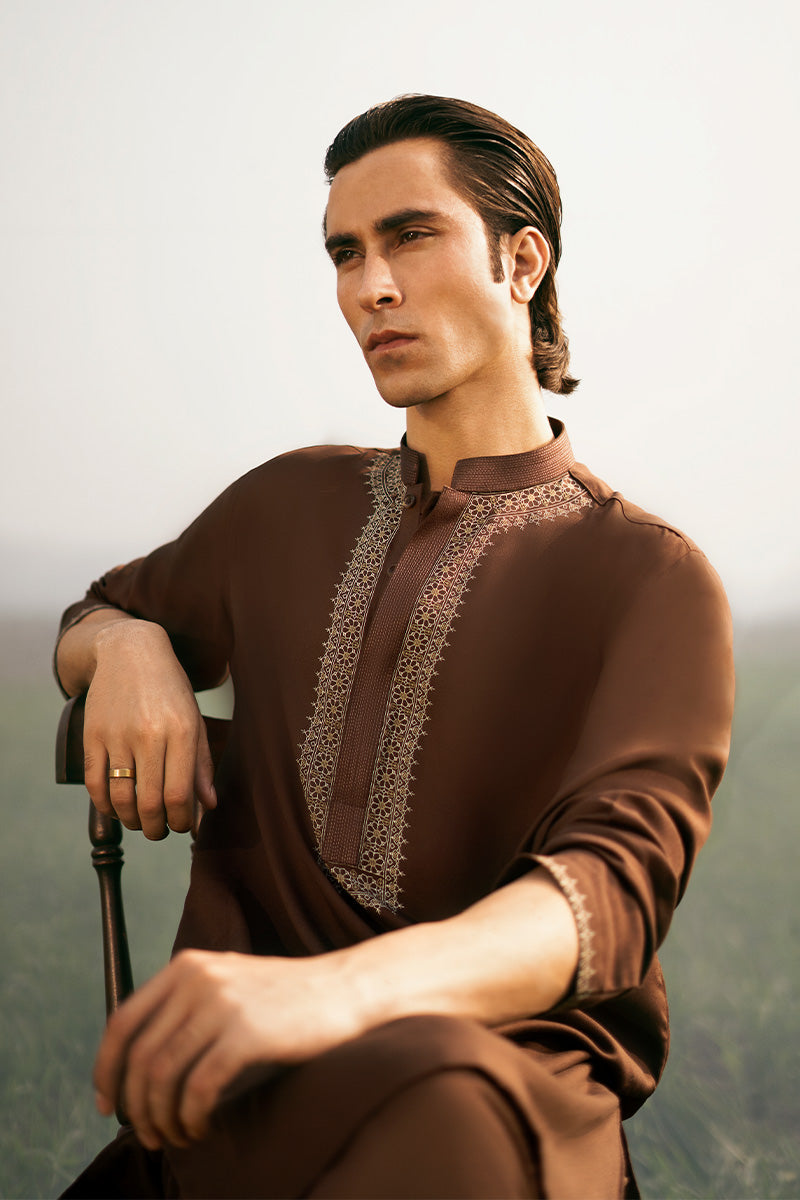 Brown Screen-Printed Linen Kurta Pajama (2-Piece) - Image 2