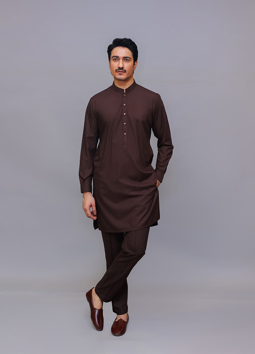 Chocolate Brown Poly Viscose Kurta Trouser Set (2-Piece) - Image 2