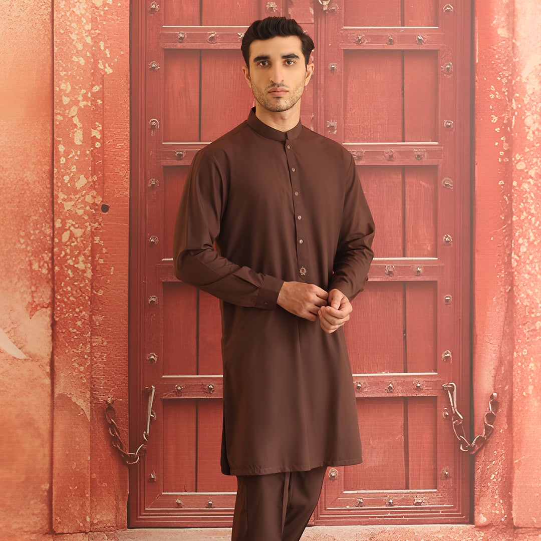 Dark Brown Poly Viscose Slim Fit Kurta Pajama (2-Piece) - Image 3