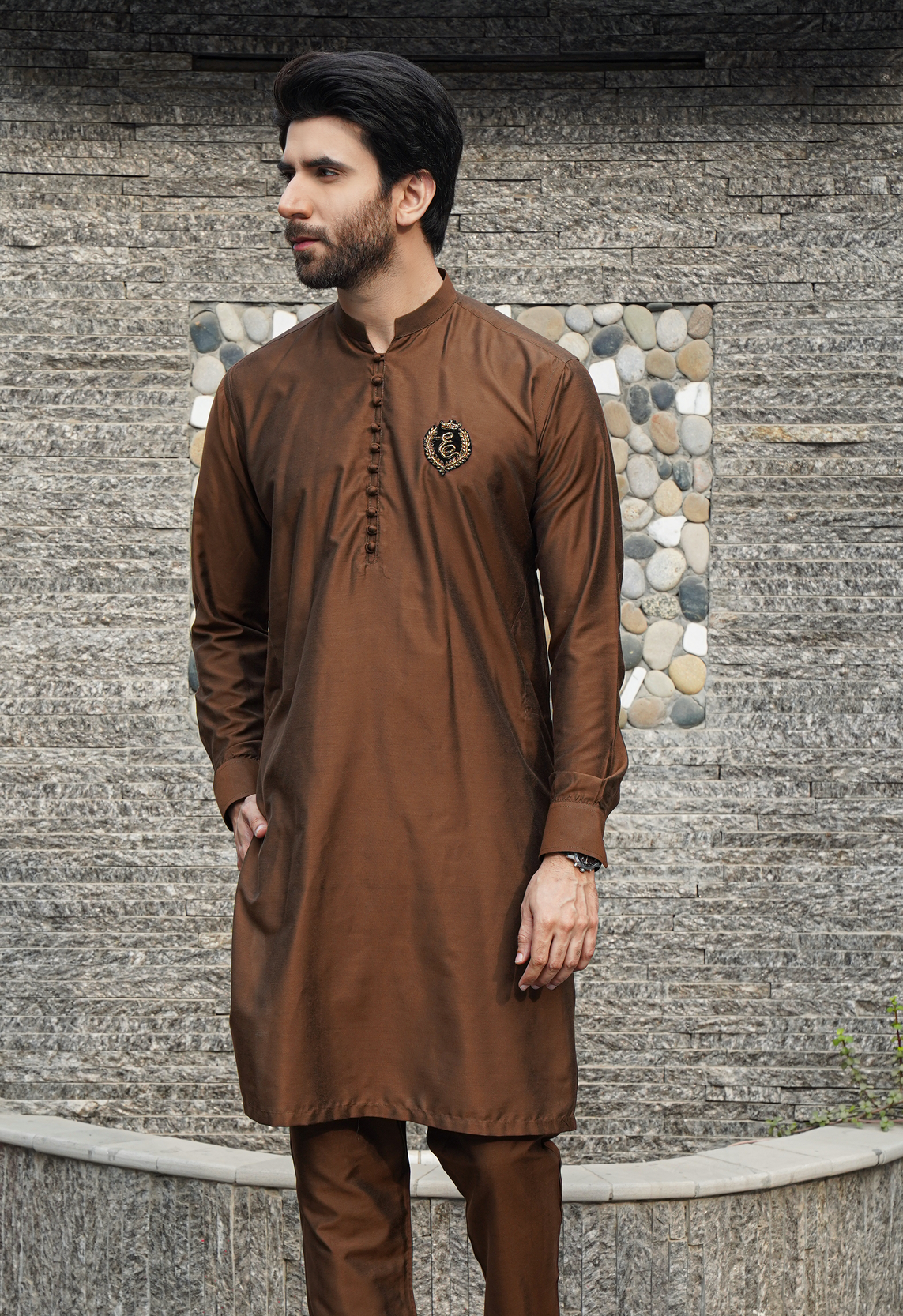 Brown Embroidered Raw Silk Kurta Pajama (2-Piece) - Image 2