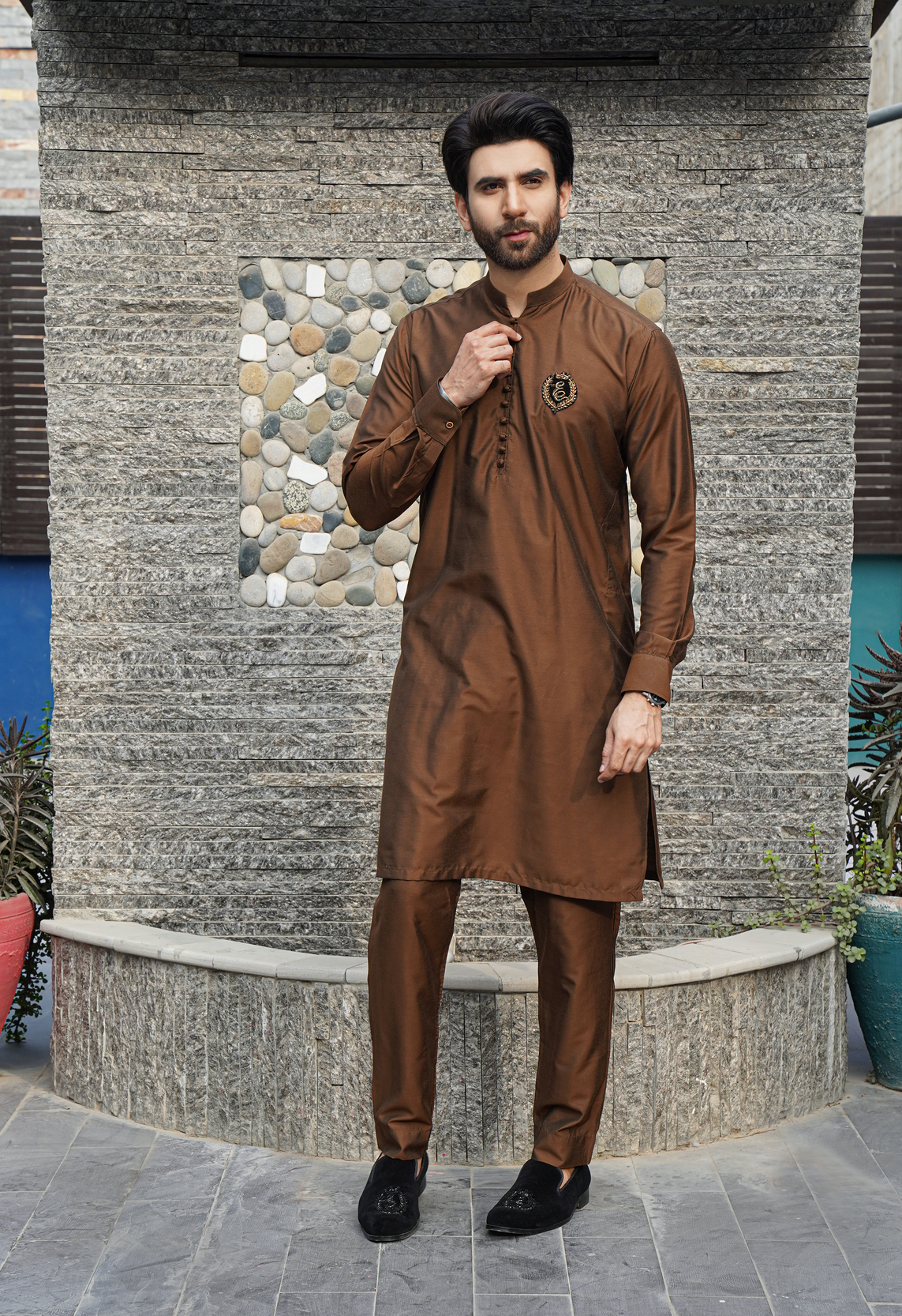 Brown Embroidered Raw Silk Kurta Pajama (2-Piece) - Image 3