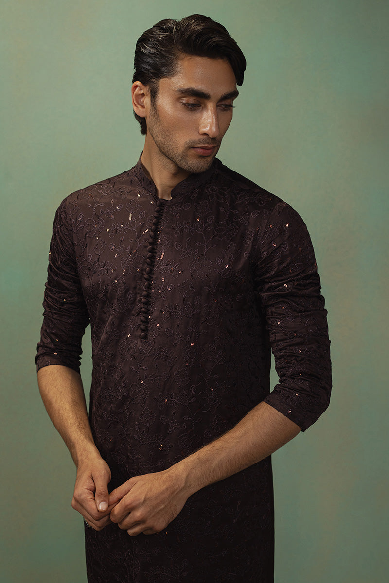Dark Brown Embroidered Silk Blend Kurta Pajama (2-Piece) - Image 2