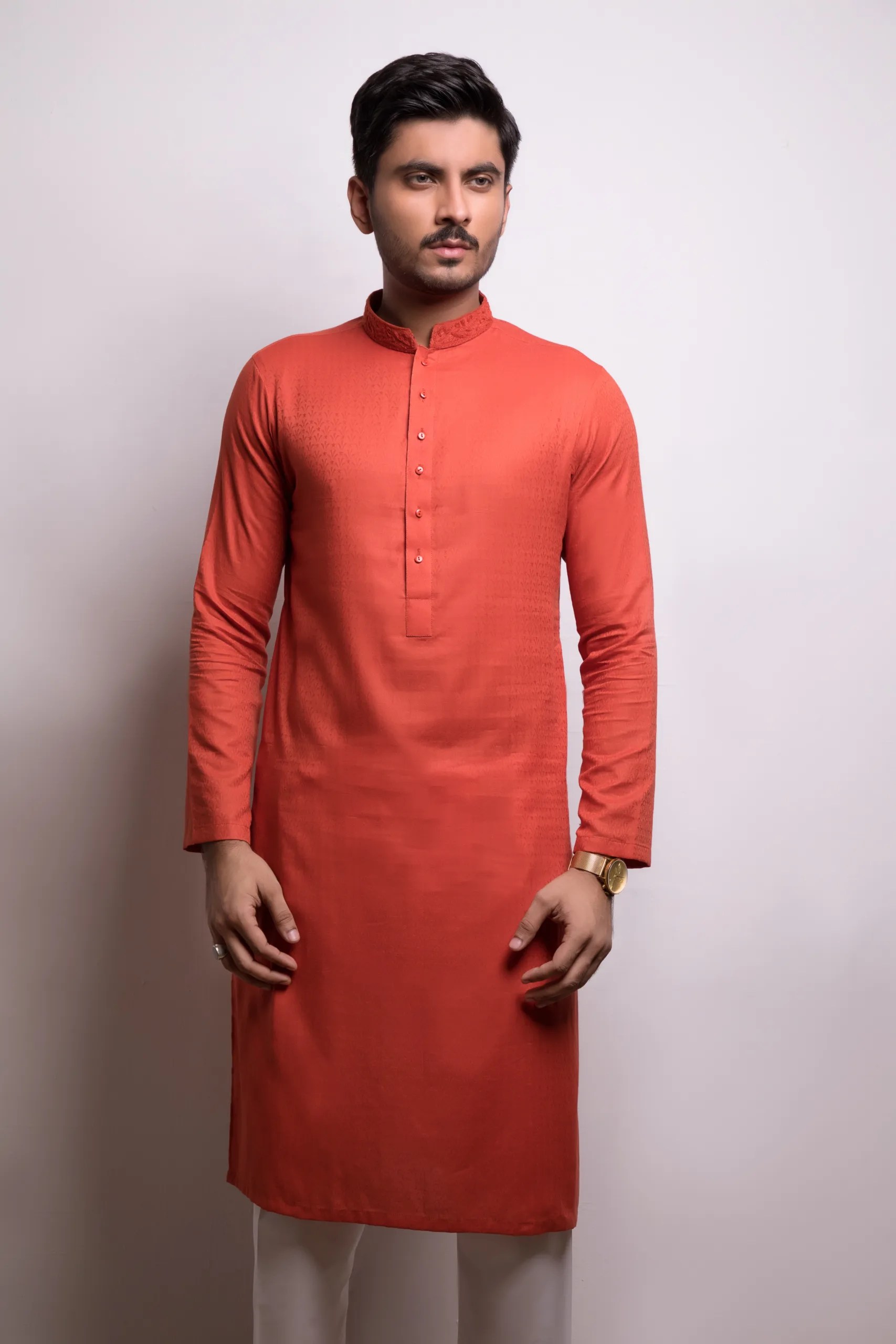 Rust Self-Textured Kurta Pajama (2-Piece) - Image 1