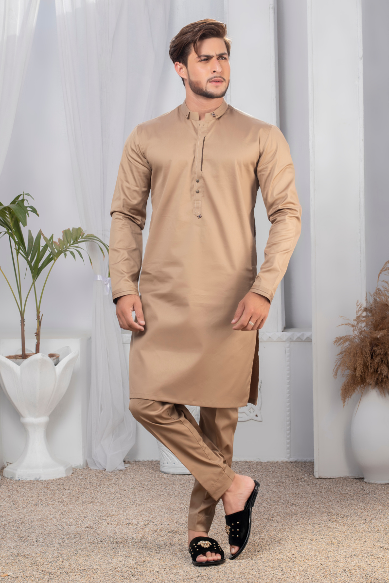 Wheat Brown Plain Kurta Pajama (2-Piece) - Image 1