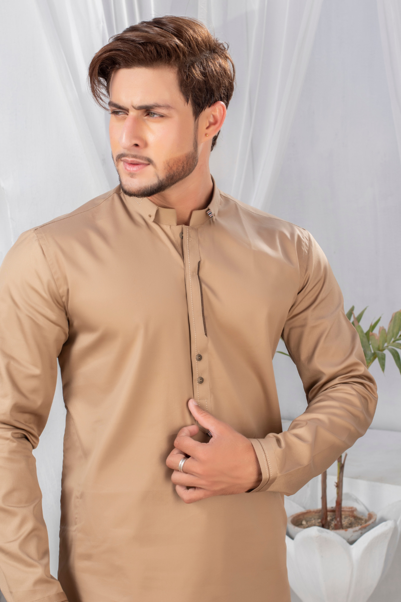 Wheat Brown Plain Kurta Pajama (2-Piece) - Image 2