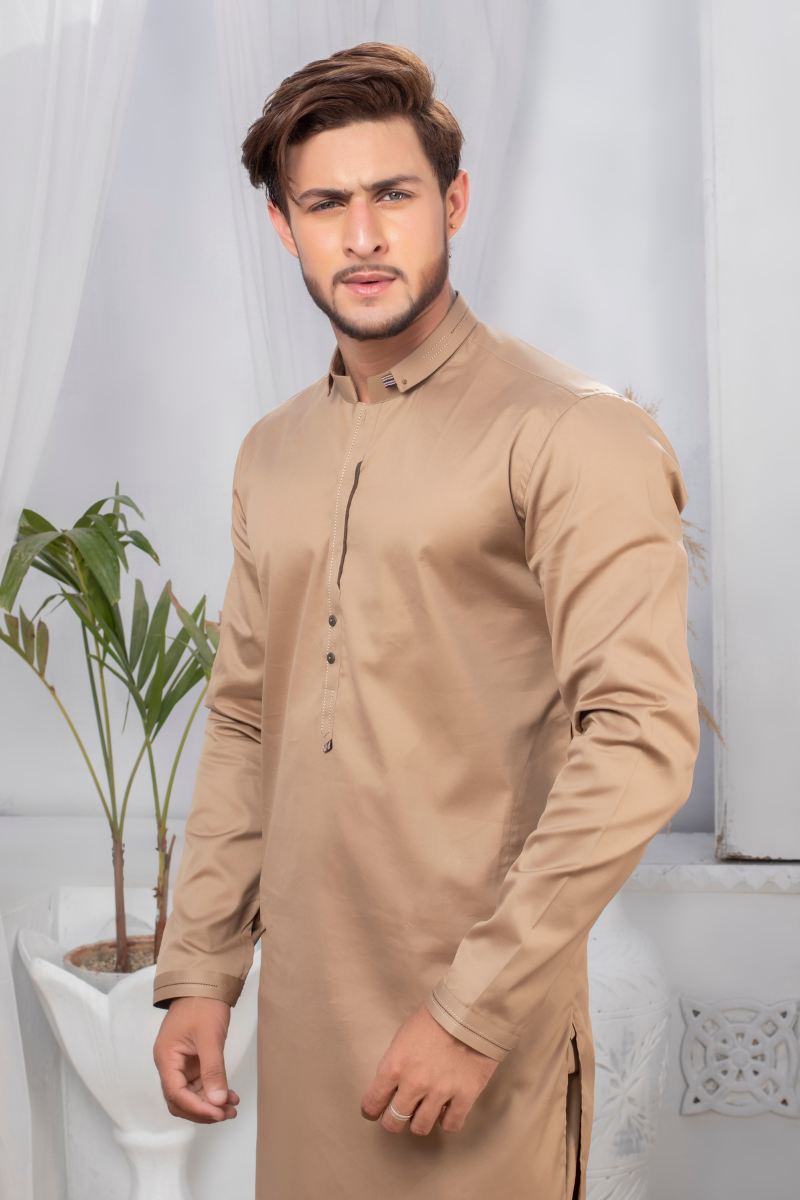 Wheat Brown Plain Kurta Pajama (2-Piece) - Image 3