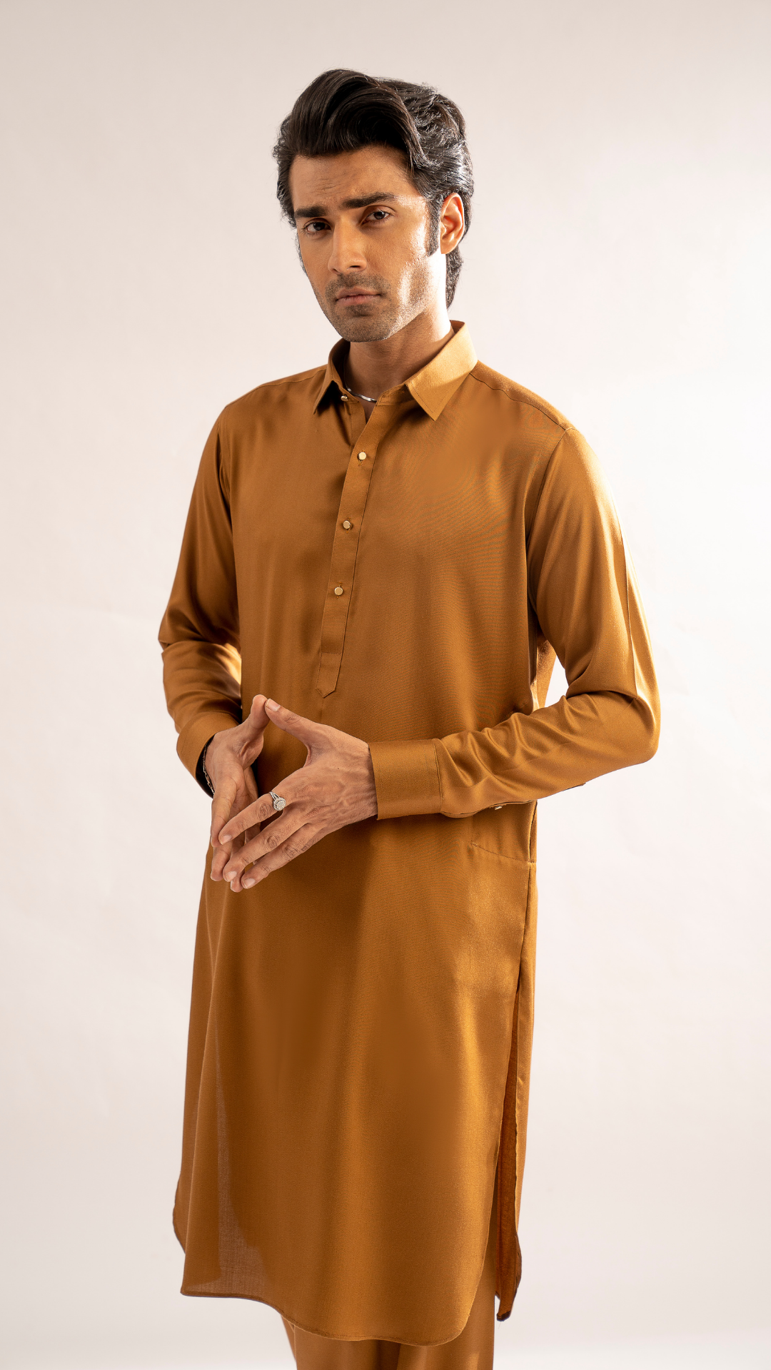 Rust Brown Plain Synthetic Blend Kurta Pajama (2-Piece) - Image 1