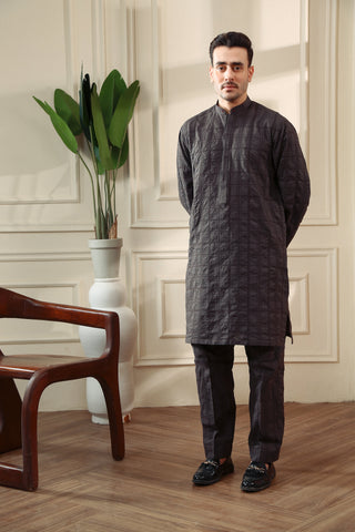 Brown Textured Fabric Kurta Trouser Set (2-Piece) - Image 2