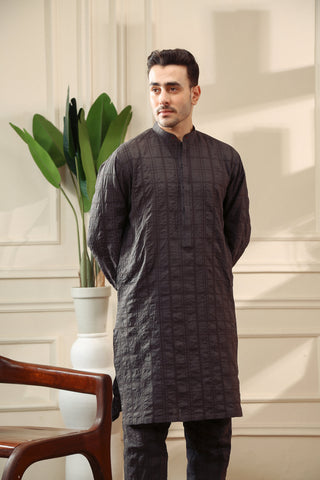 Brown Textured Fabric Kurta Trouser Set (2-Piece) - Image 3