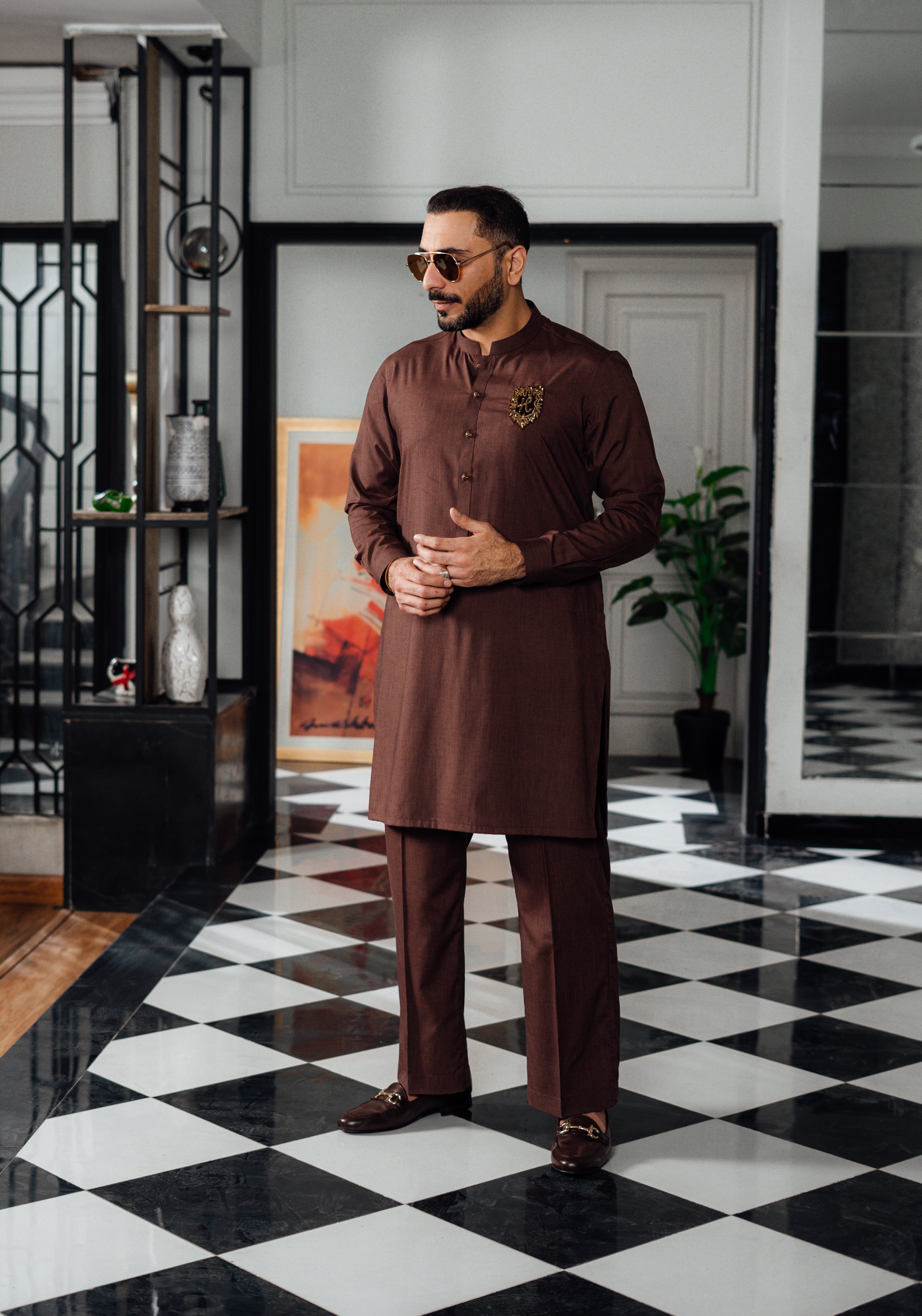 Brown Velvet Motif Wash & Wear Kurta Pajama (2-Piece) - Image 2