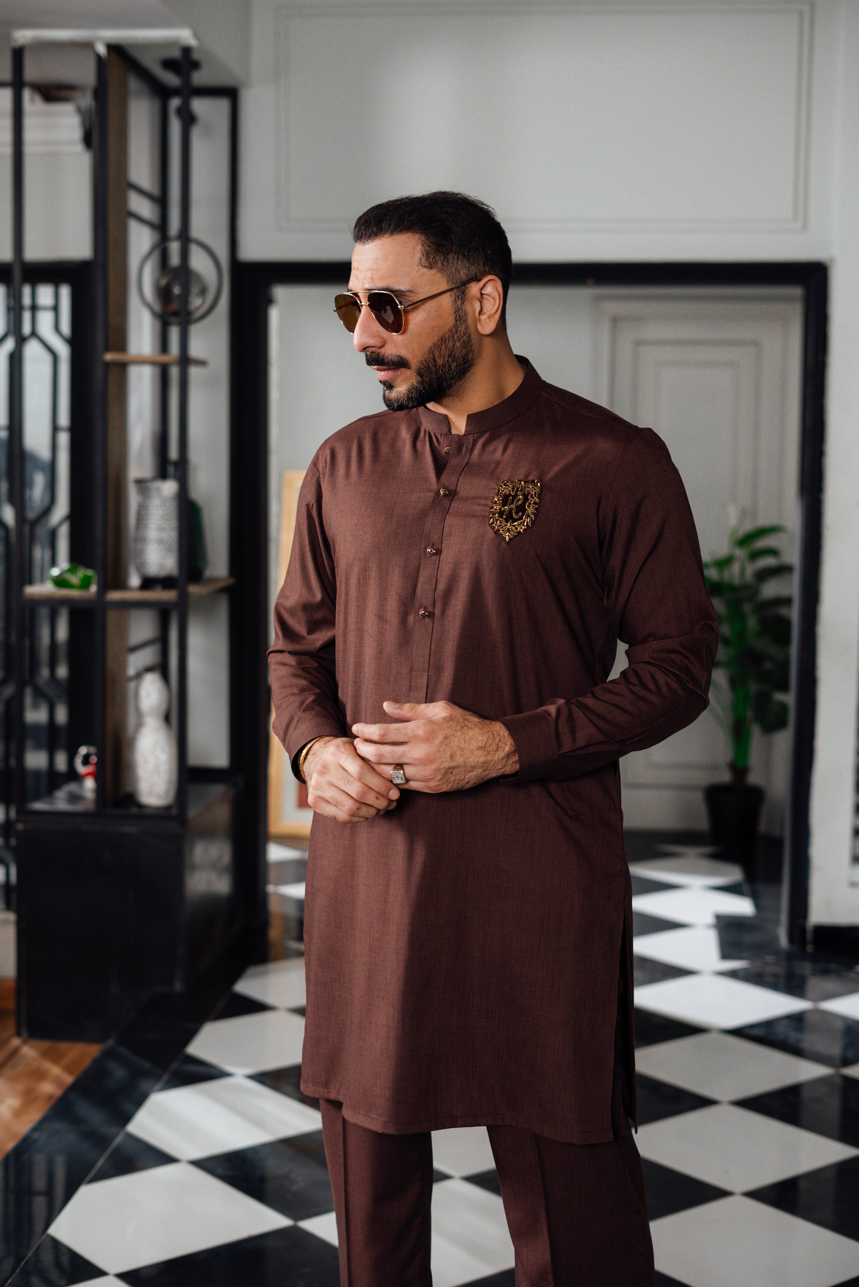 Brown Velvet Motif Wash & Wear Kurta Pajama (2-Piece) - Image 4