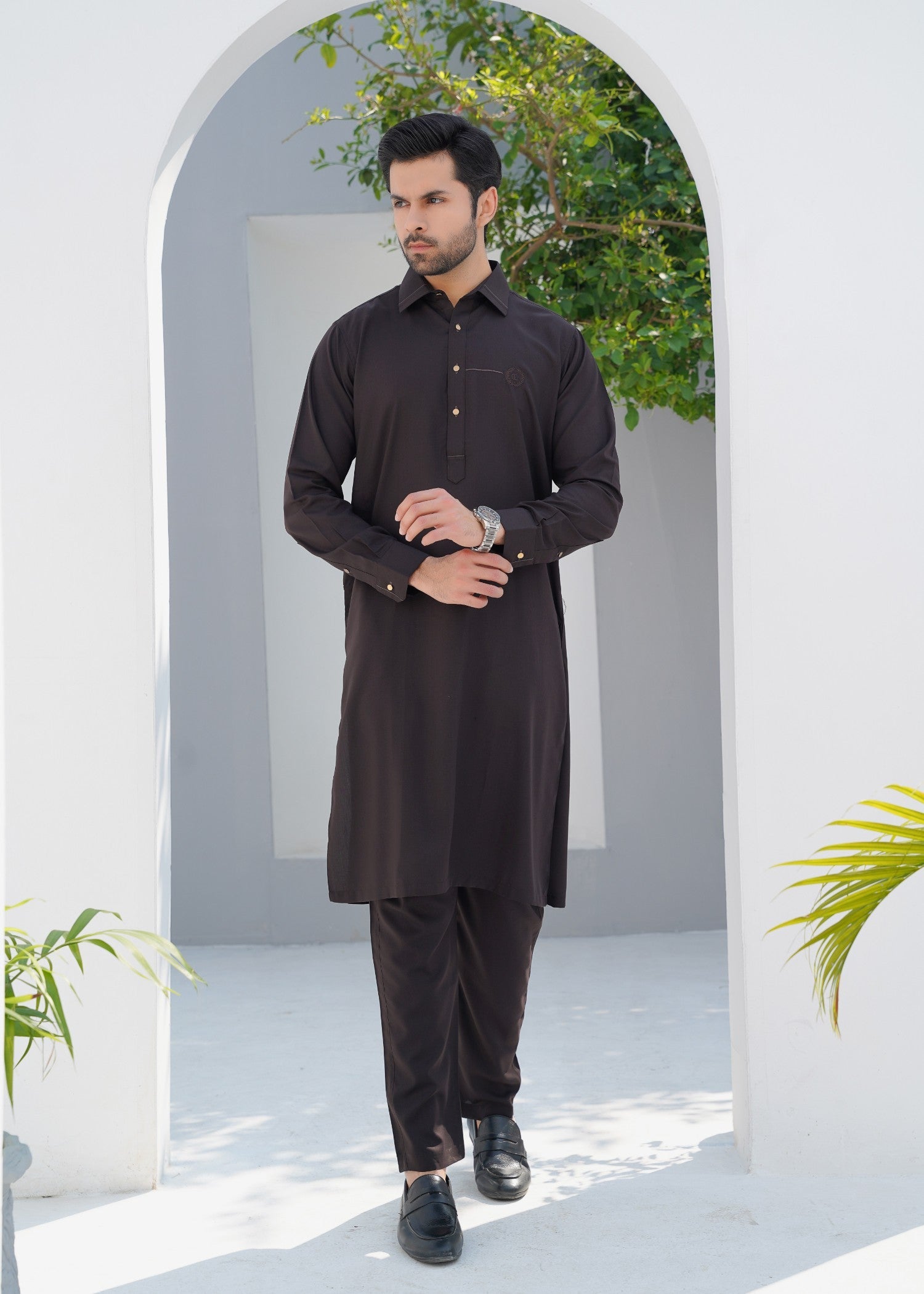 Dark Brown Embroidered Wash & Wear Kurta Pajama (2-Piece) - Image 1