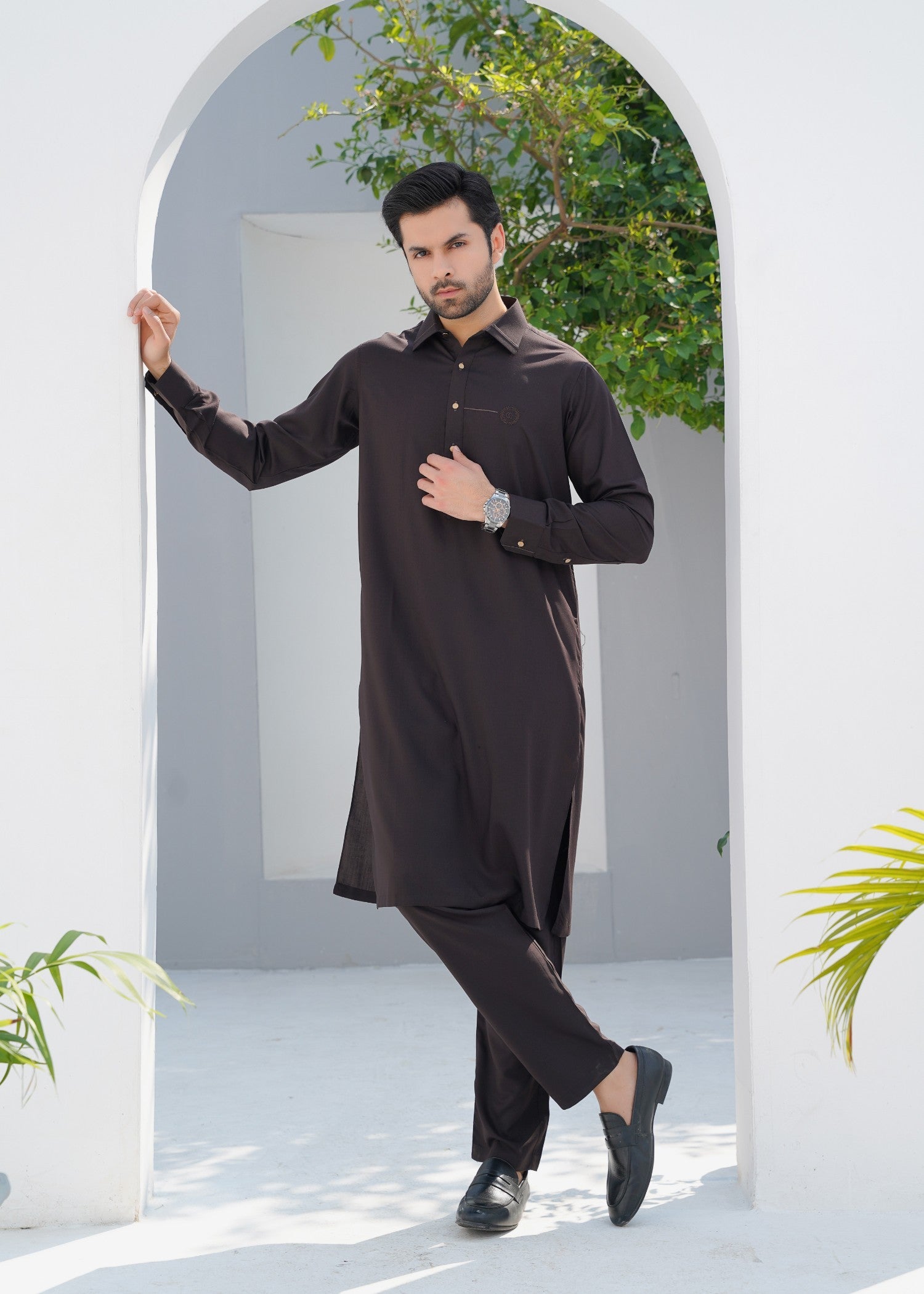 Dark Brown Embroidered Wash & Wear Kurta Pajama (2-Piece) - Image 2