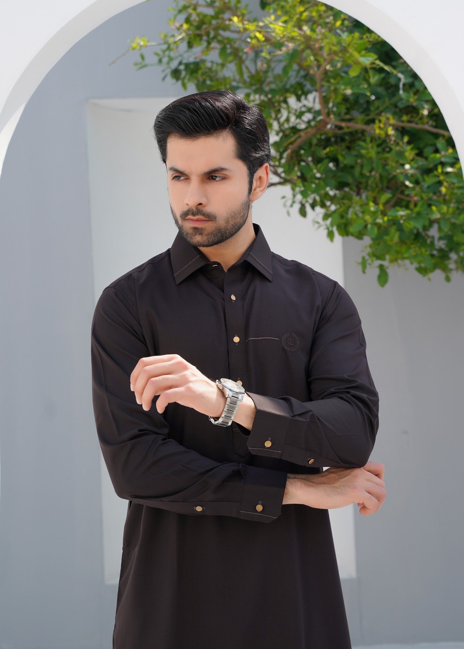 Dark Brown Embroidered Wash & Wear Kurta Pajama (2-Piece) - Image 3