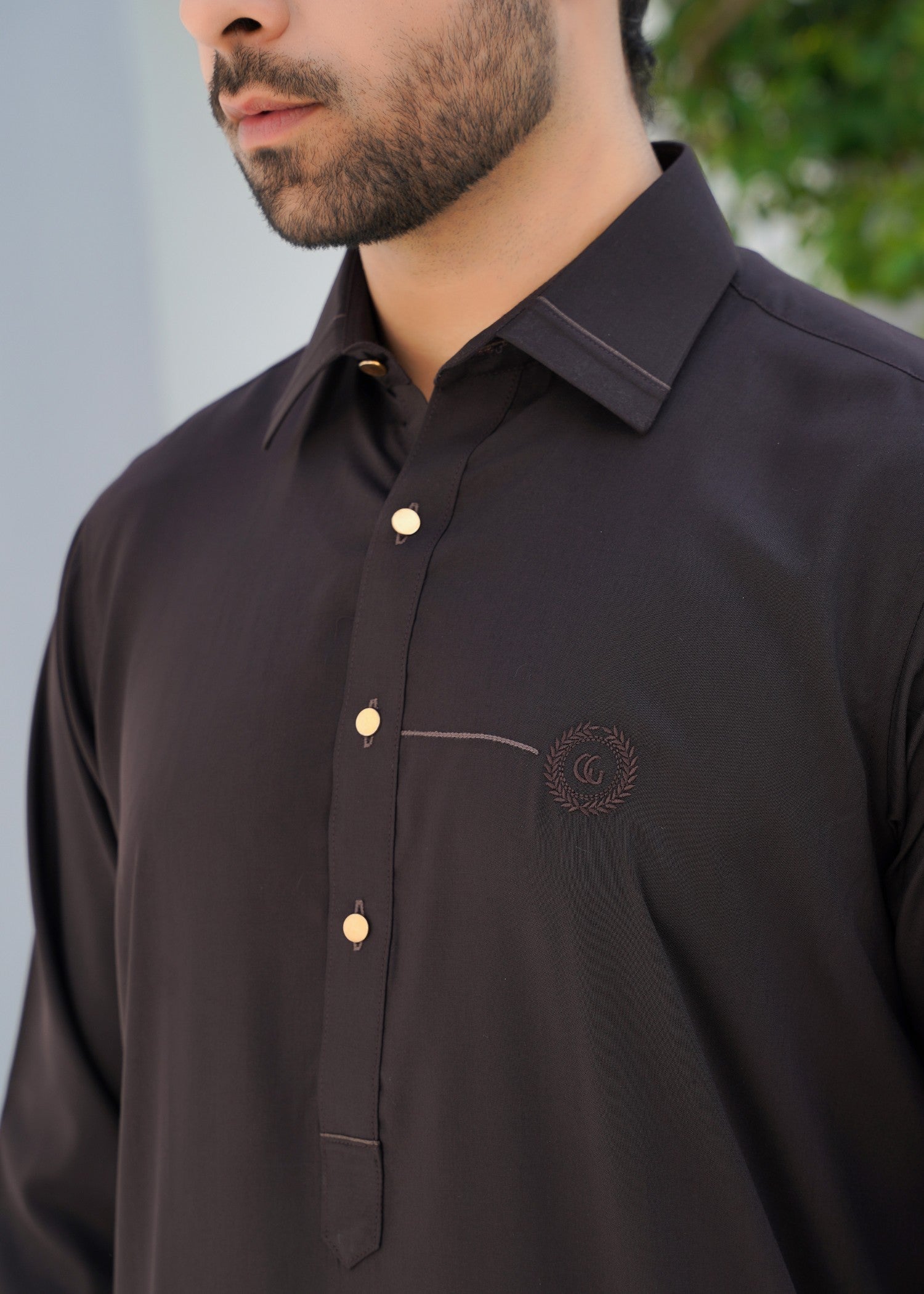 Dark Brown Embroidered Wash & Wear Kurta Pajama (2-Piece) - Image 4