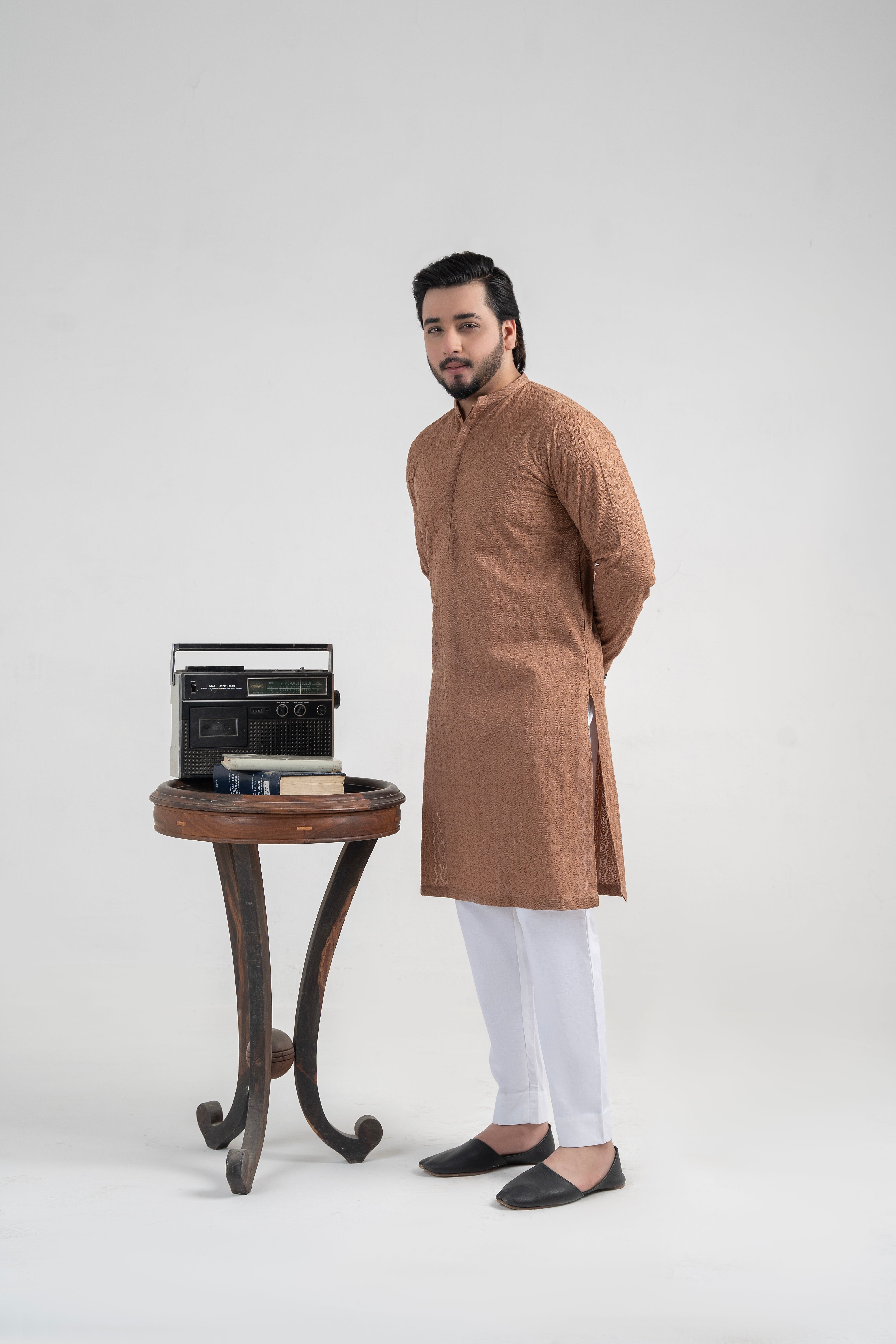 Light Brown Textured Wash-&-Wear Kurta (1-Pc) - Image 1