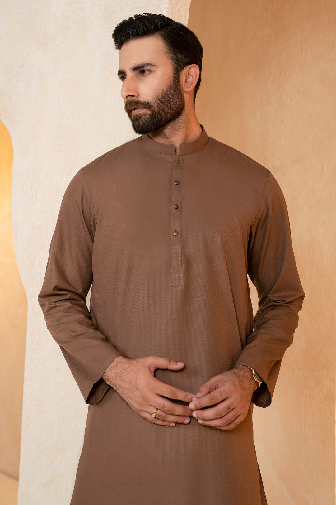 Brown Self-Textured Wash & Wear Kurta (2-Piece) - Image 1