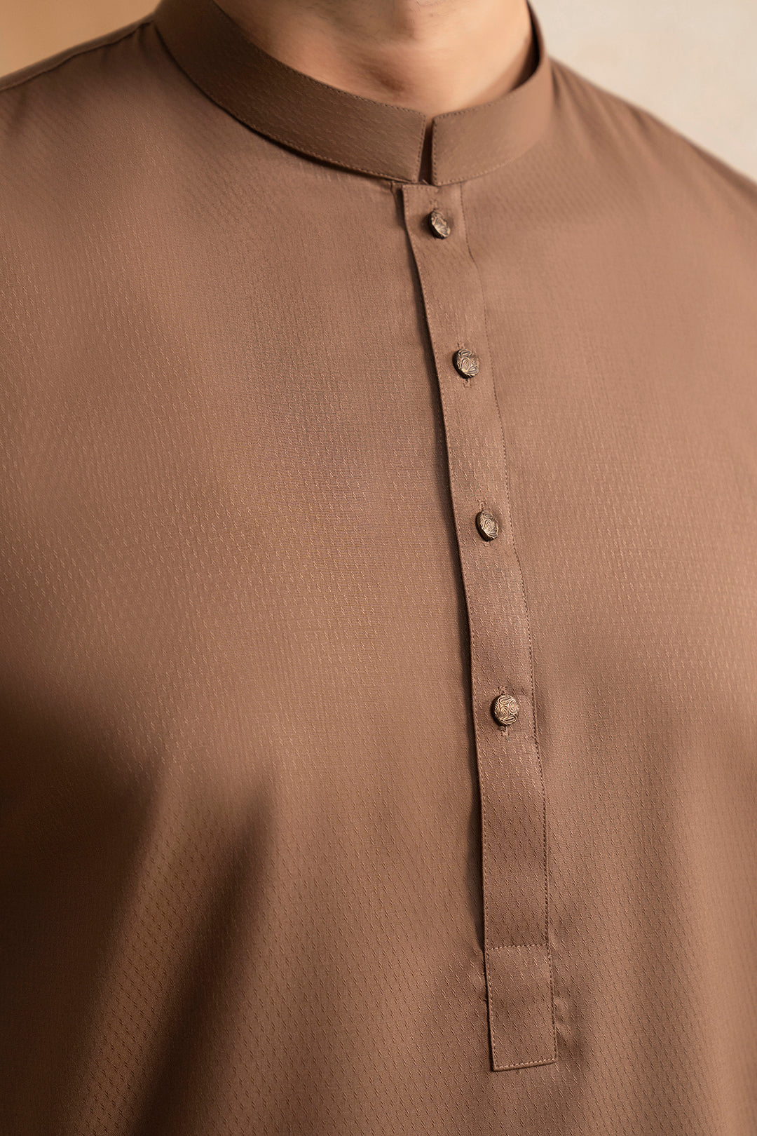 Brown Self-Textured Wash & Wear Kurta (2-Piece) - Image 2