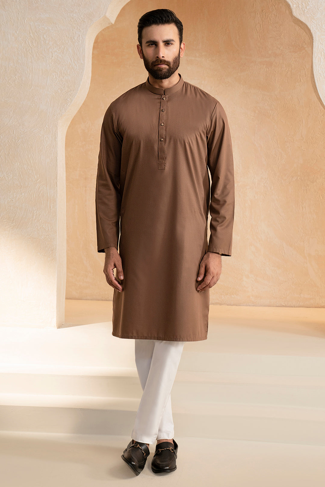 Brown Self-Textured Wash & Wear Kurta (2-Piece) - Image 3