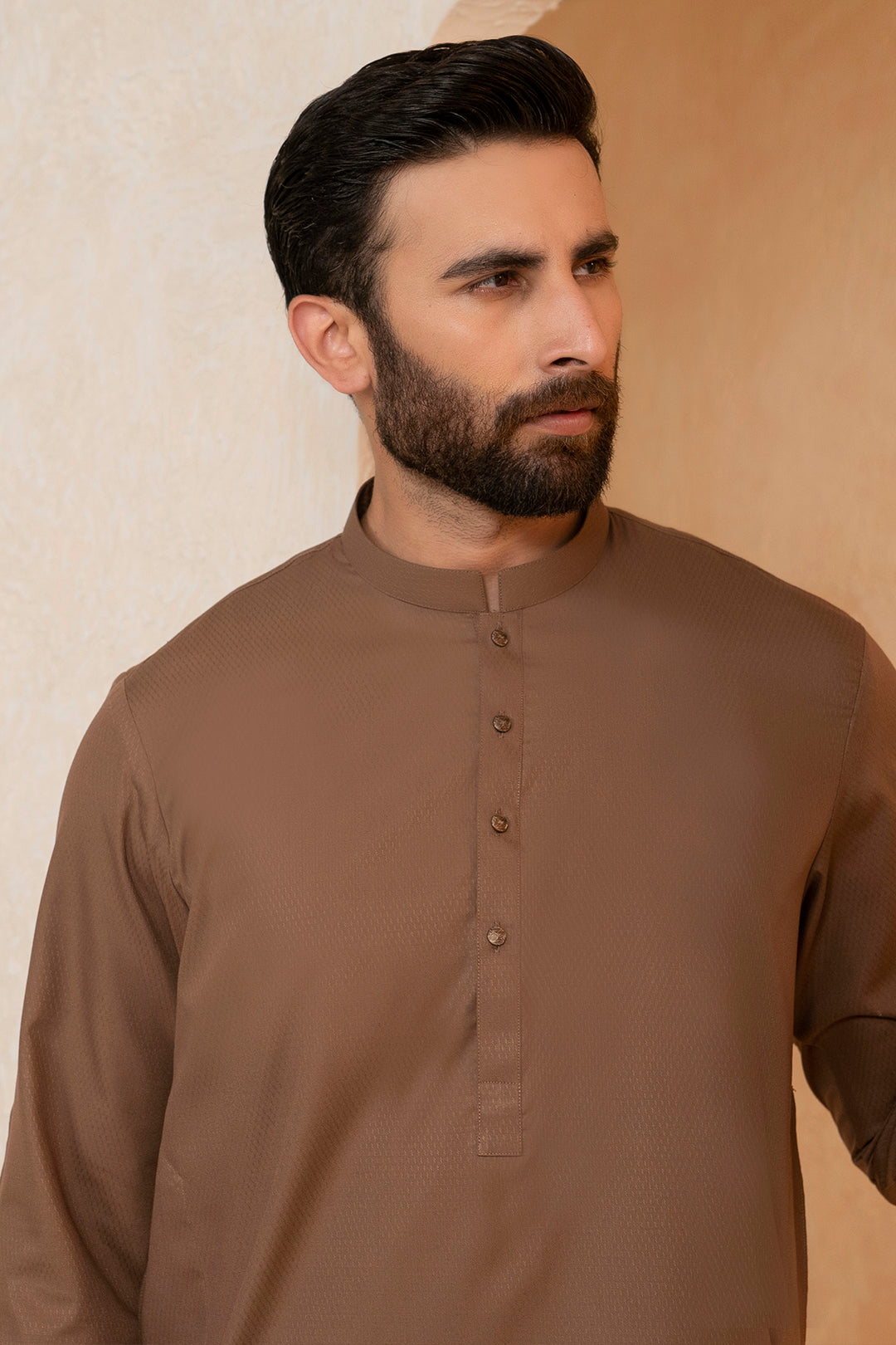 Brown Self-Textured Wash & Wear Kurta (2-Piece) - Image 4