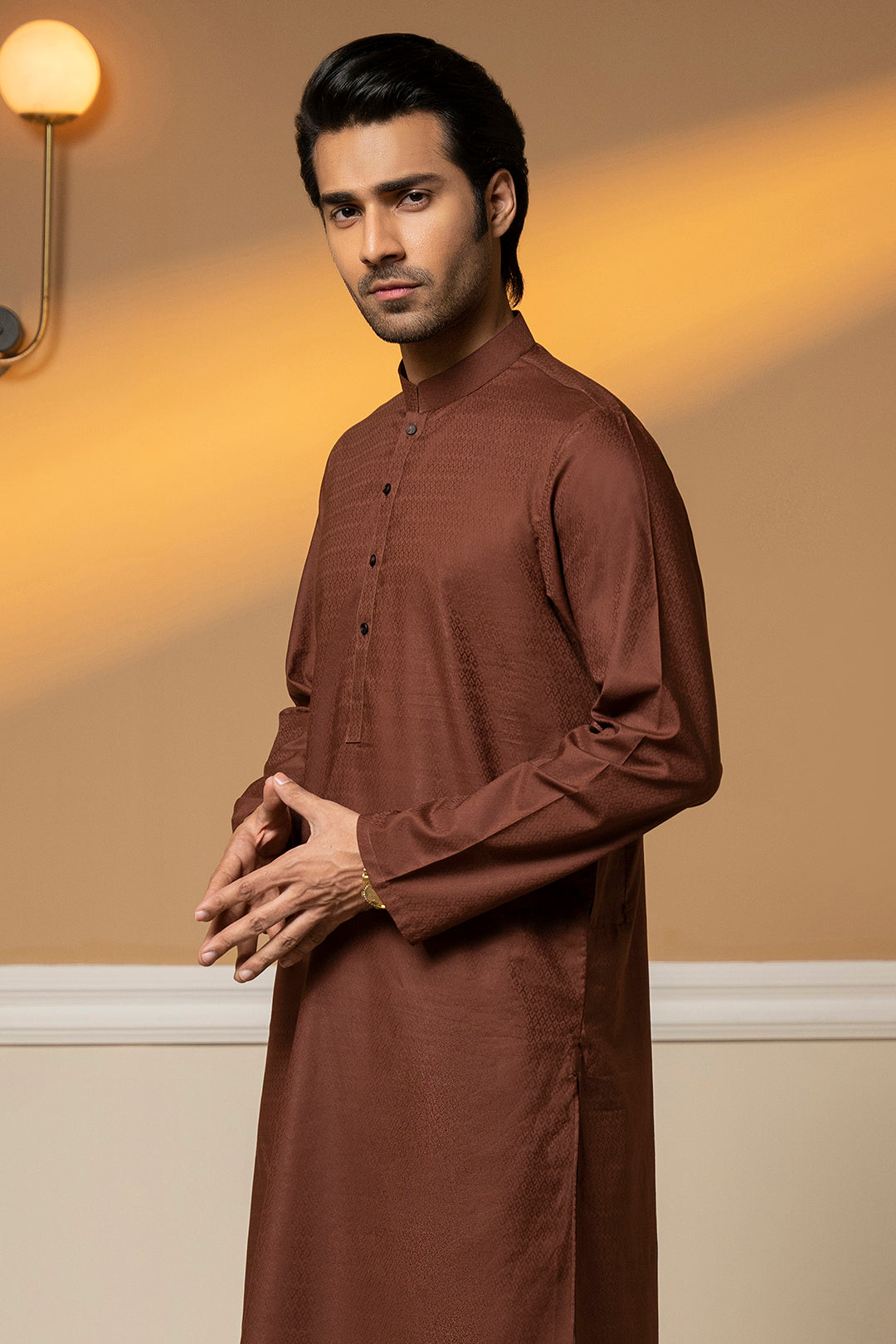 Brown Self-Textured Wash & Wear Kurta (2-Piece) - Image 1