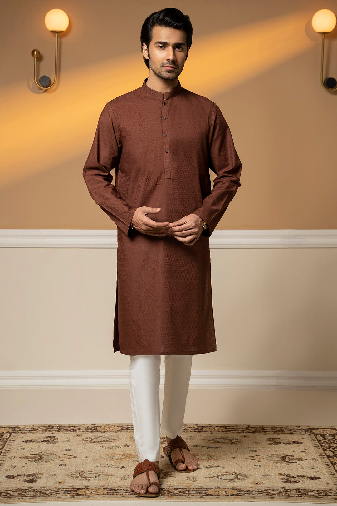 Brown Self-Textured Wash & Wear Kurta (2-Piece) - Image 2