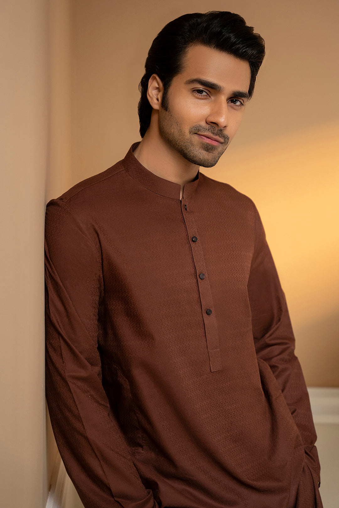 Brown Self-Textured Wash & Wear Kurta (2-Piece) - Image 3