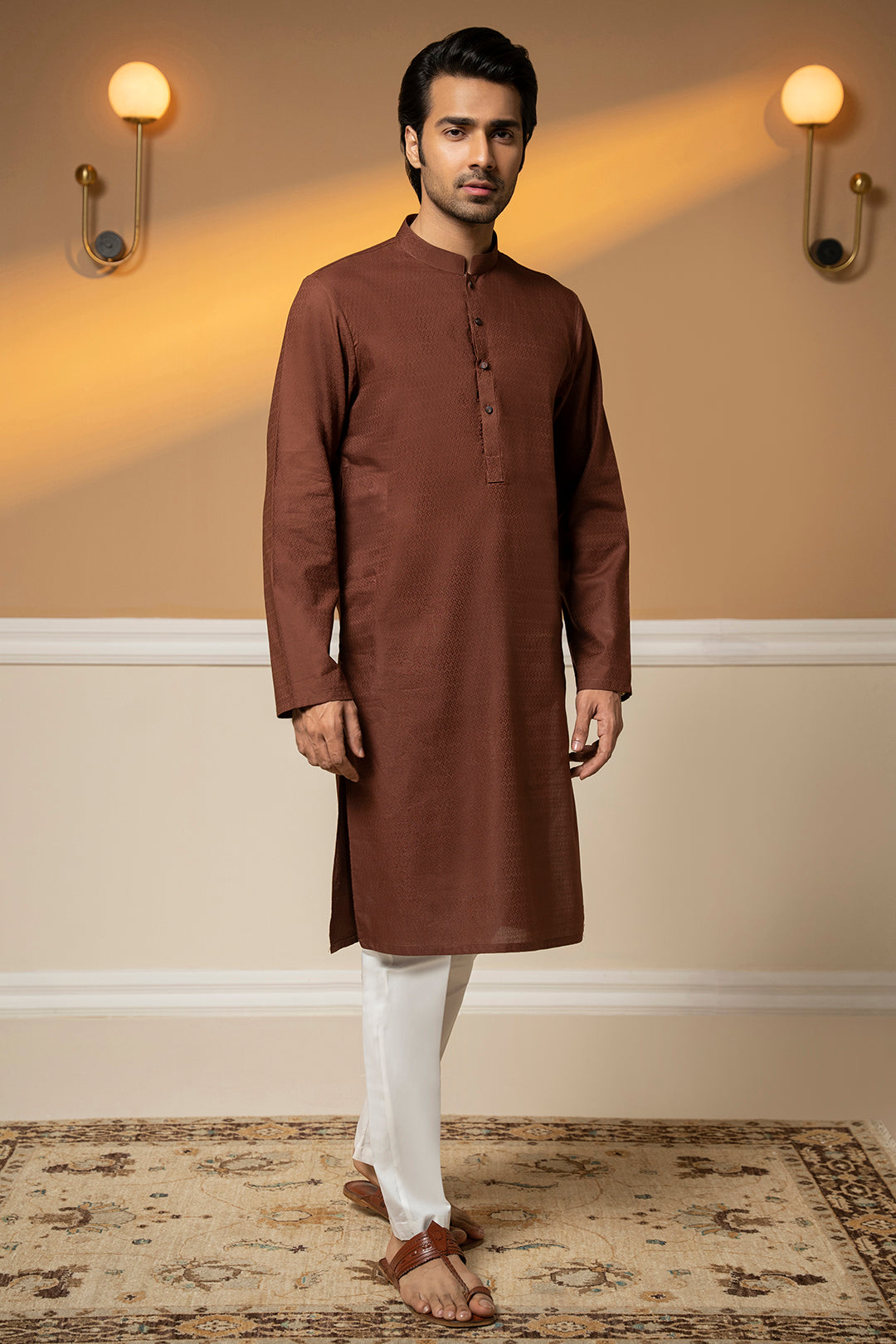 Brown Self-Textured Wash & Wear Kurta (2-Piece) - Image 4