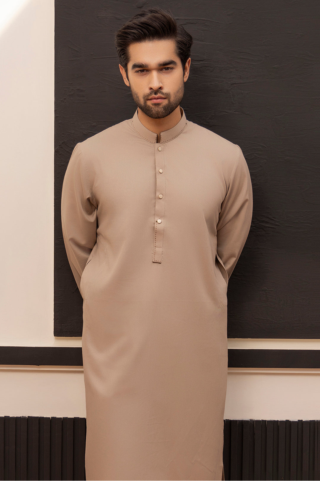 Light Brown Topstitched Wash & Wear Kurta (2-Piece) - Image 1