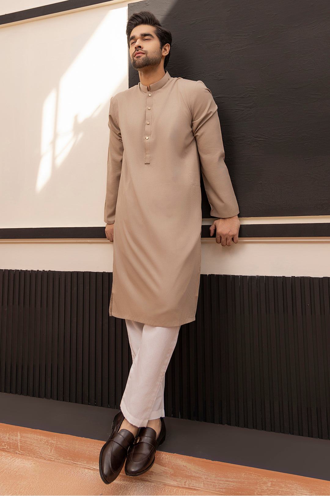 Light Brown Topstitched Wash & Wear Kurta (2-Piece) - Image 10