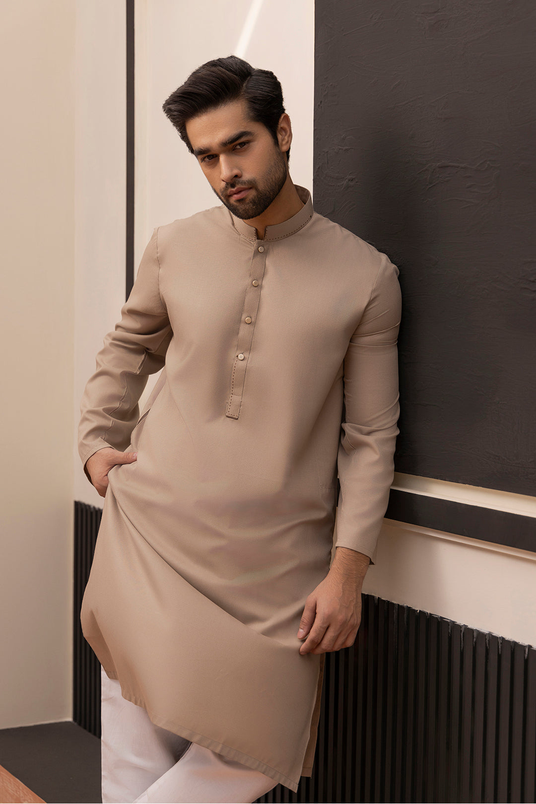 Light Brown Topstitched Wash & Wear Kurta (2-Piece) - Image 12