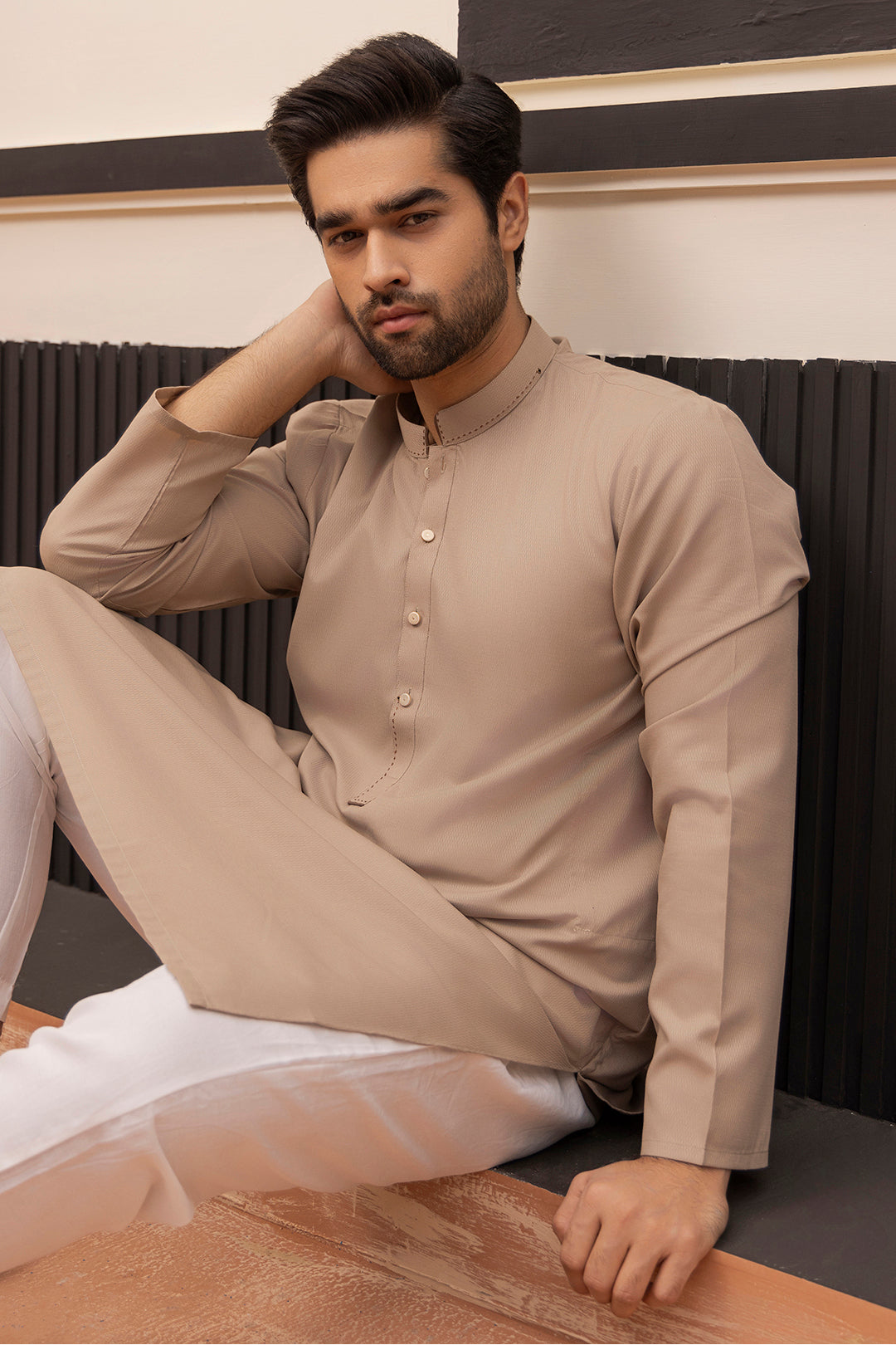Light Brown Topstitched Wash & Wear Kurta (2-Piece) - Image 13
