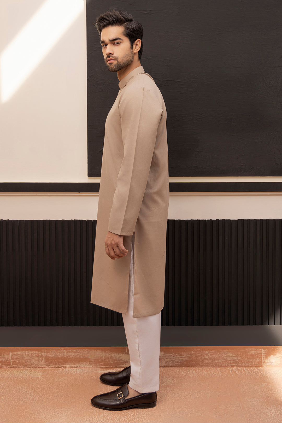 Light Brown Topstitched Wash & Wear Kurta (2-Piece) - Image 3