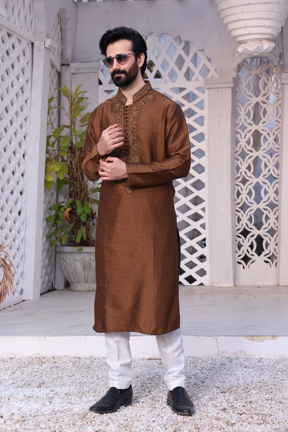 Clay Brown Embroidered Silk-Blend Kurta (2-Piece) - Image 1
